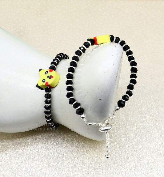 Best baby gift black beaded bangle bracelet or ankle bracelet 925 sterling silver handmade customized kids jewelry form india bbr35 - TRIBAL ORNAMENTS