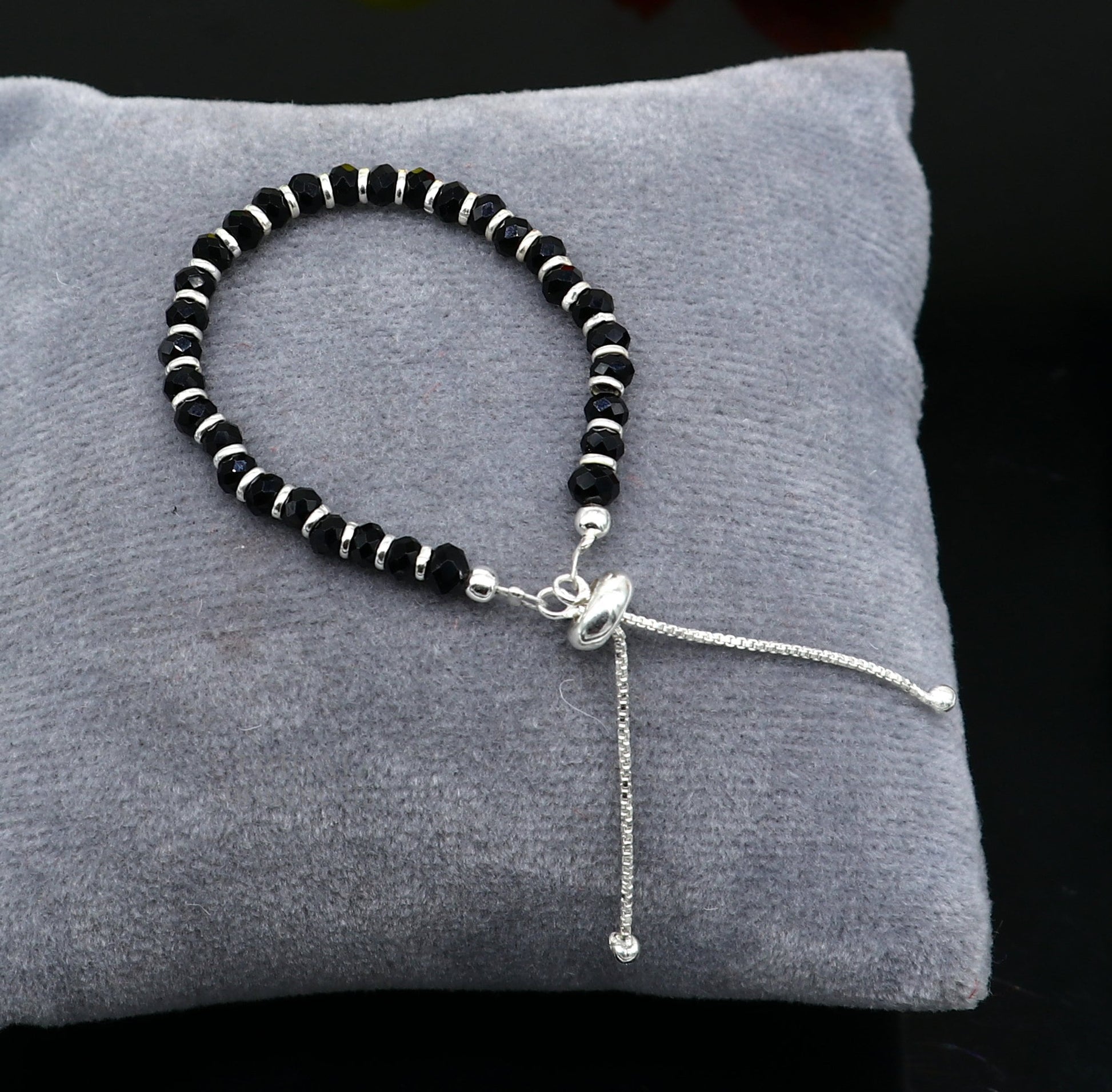 Best new born baby gift black beaded bangle bracelet or ankle bracelet 925 sterling silver handmade customized kids jewelry form india bbr22 - TRIBAL ORNAMENTS