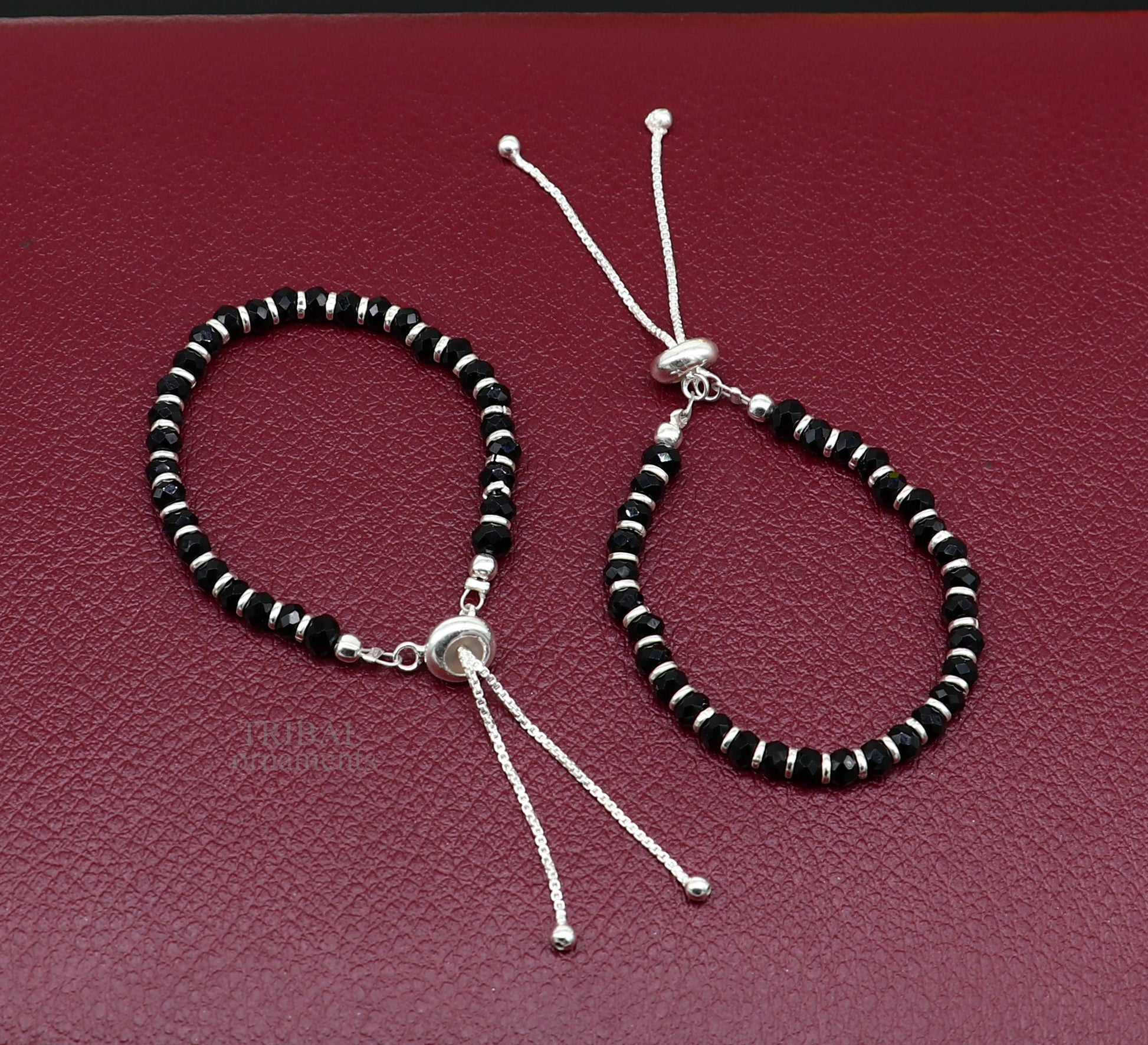 Best new born baby gift black beaded bangle bracelet or ankle bracelet 925 sterling silver handmade customized kids jewelry form india bbr22 - TRIBAL ORNAMENTS