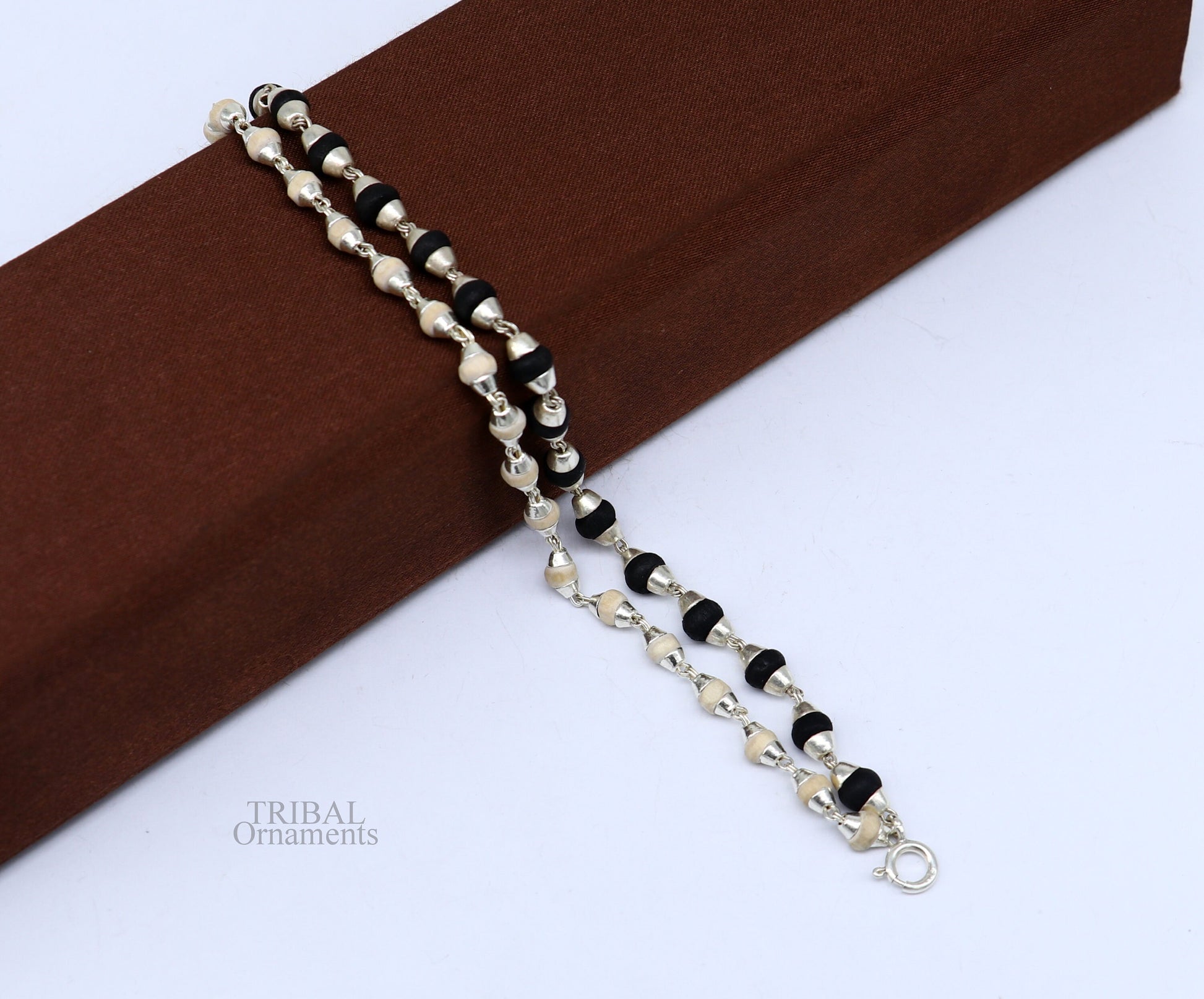 Black and white holy basil rosary plant /tulsi plant wood beaded Sterling silver handmade fabulous 2 line bracelet jewelry India sbr264 - TRIBAL ORNAMENTS