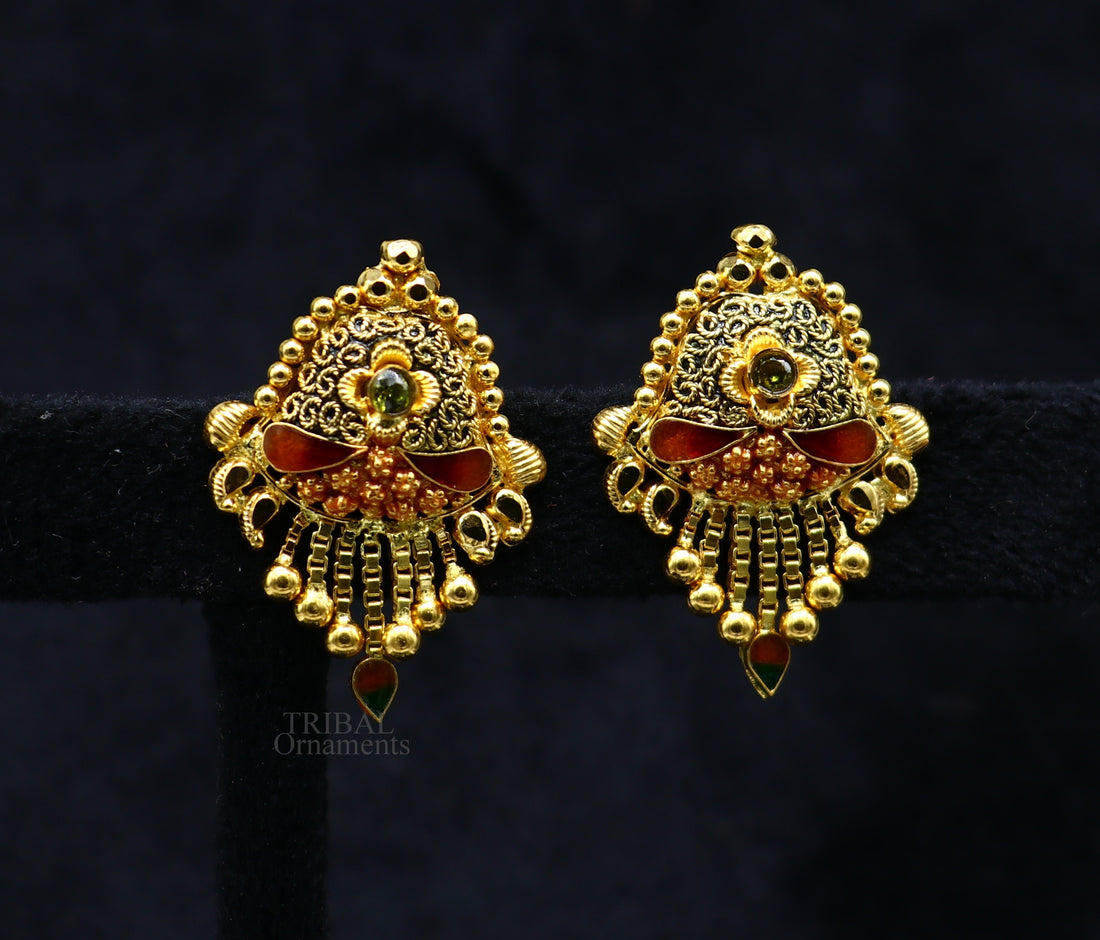 22k yellow gold fabulous handmade filigree work vintage style stud earrings elegant wedding hallmarked jewelry from rajasthan Indian er132 - TRIBAL ORNAMENTS