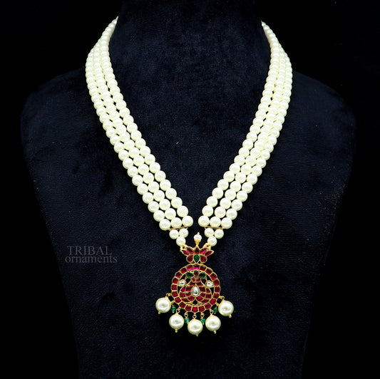 Gold polished over 92.5 sterling silver kundan jadau necklace, customized work pearls necklace brides ethnic belly dance jewelry set330 - TRIBAL ORNAMENTS