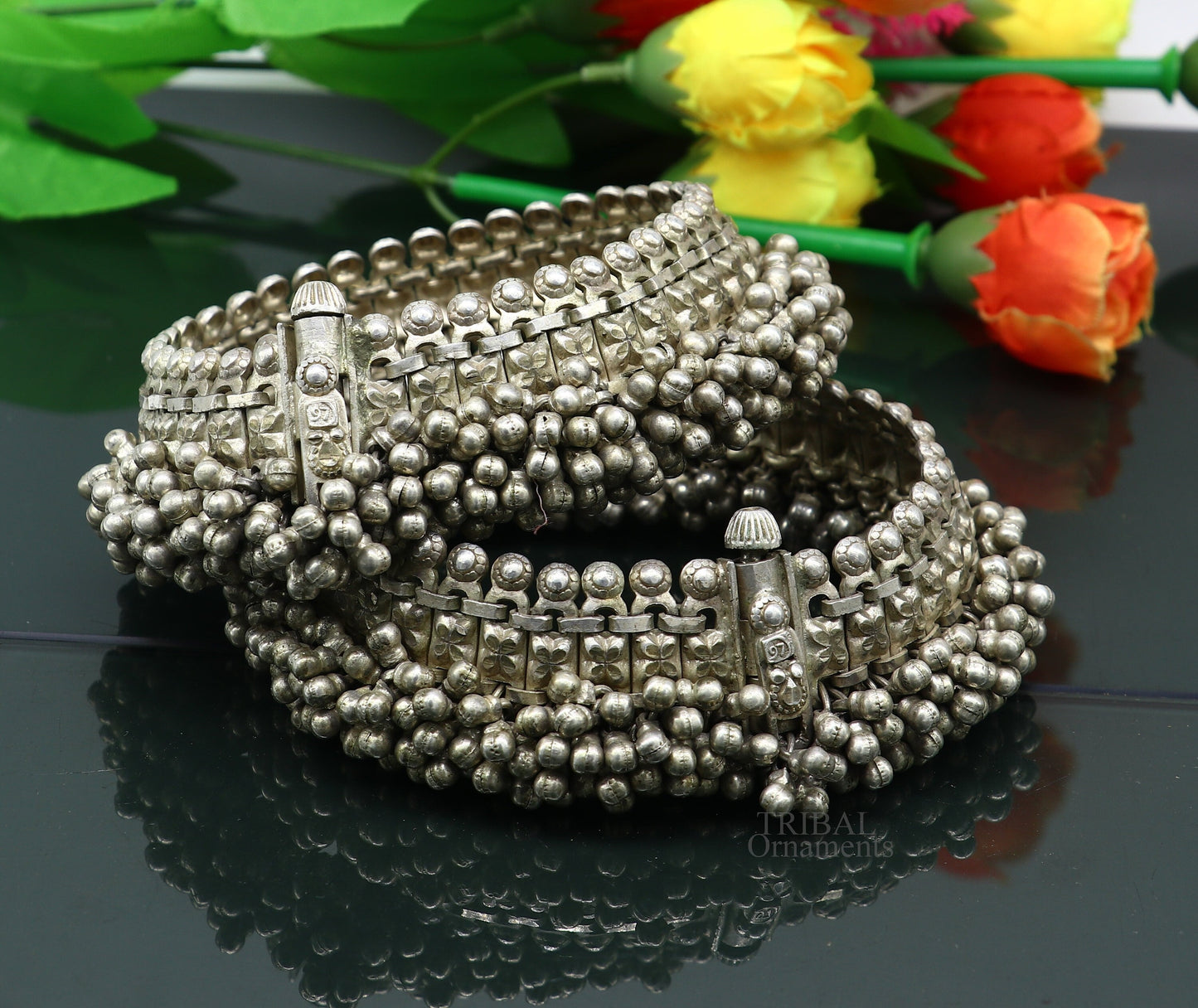 Vintage original antique silver handmade old anklets pair, ankle bracelet worn by Rajasthan tribal people, ethnic belly dance jewelry anko59 - TRIBAL ORNAMENTS
