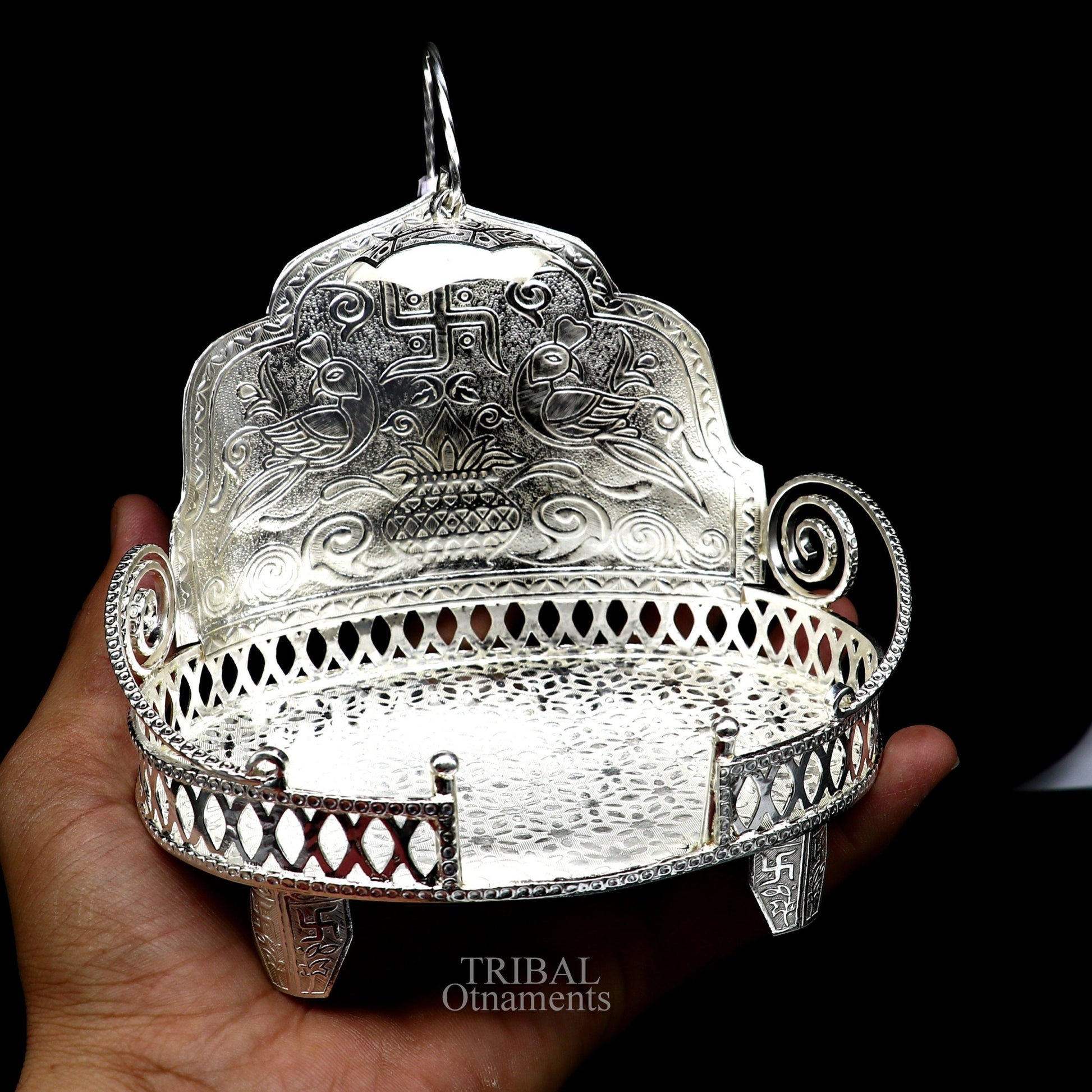 925 pure sterling silver handcrafted small sinhasan, idol krishna Bal Gopala throne, god statue's stand chair, temple art puja article su709 - TRIBAL ORNAMENTS