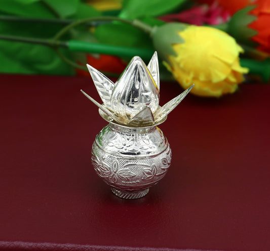Sterling silver handmade gorgeous coconut with betel leaf puja kalash, best worshipping utensils, silver article puja art temple su710 - TRIBAL ORNAMENTS