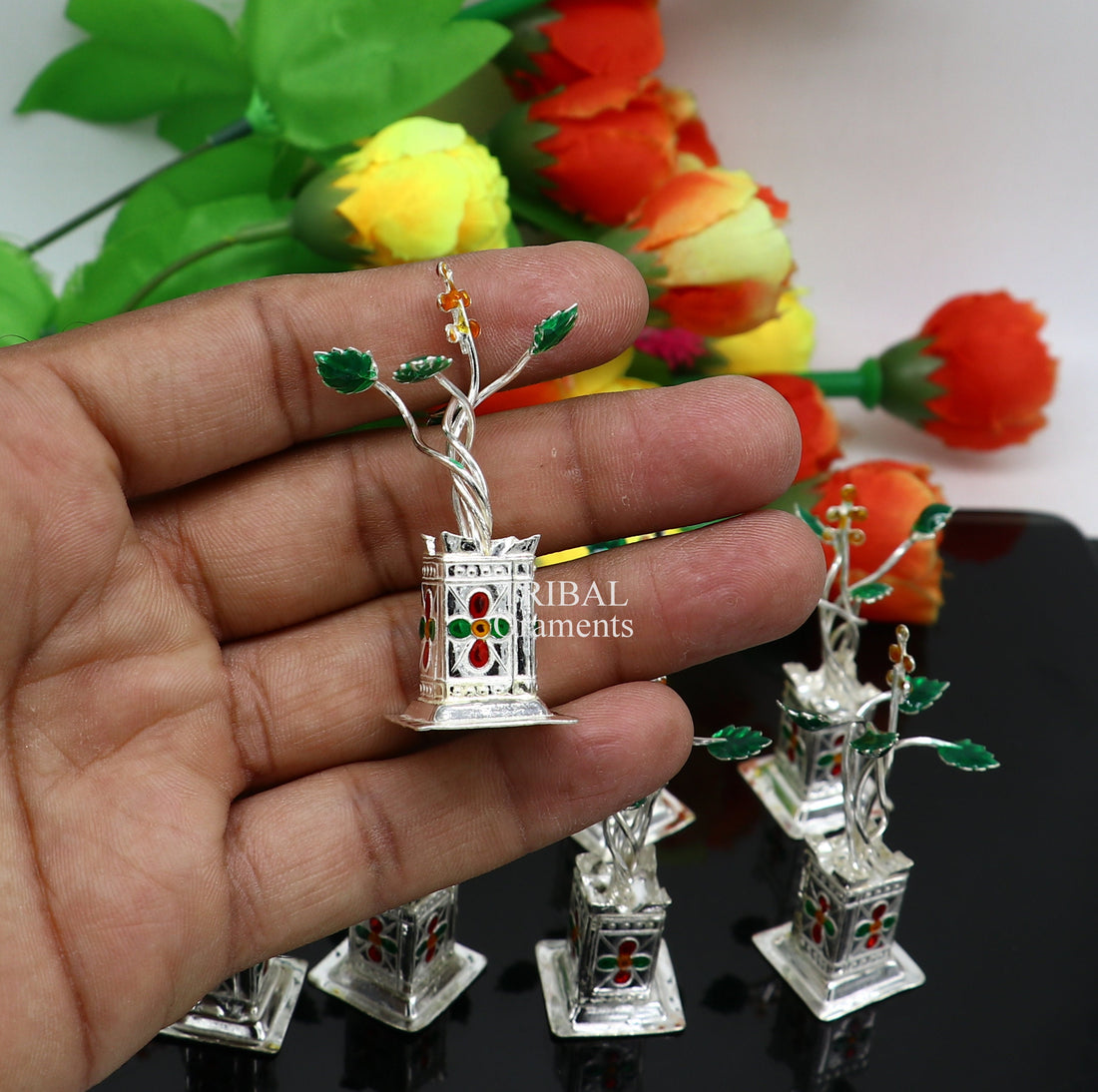 Holy Basil rosary 925 sterling silver handmade mini plant, tulsi plant for puja temple article, silver tulasi plant pooja article su711 - TRIBAL ORNAMENTS