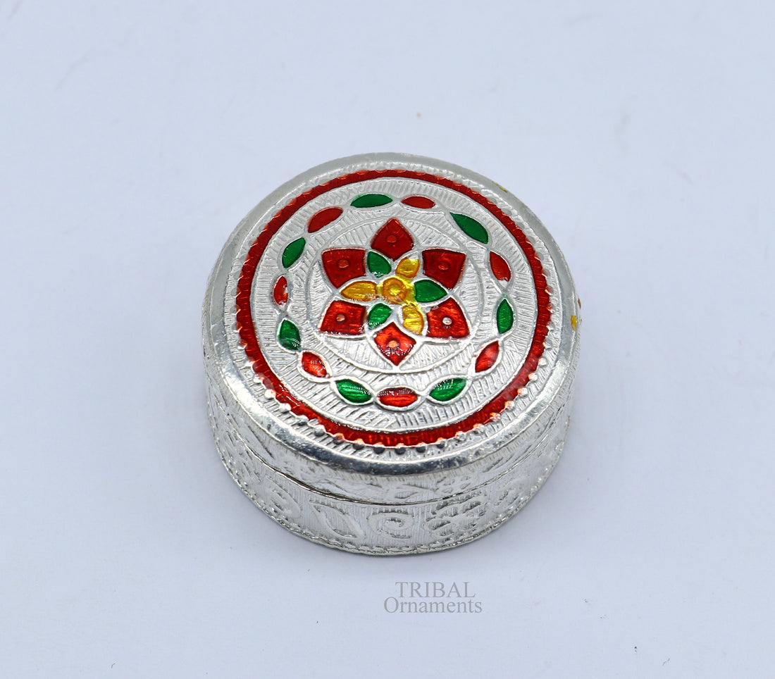 925 sterling silver trinket box, kumkum box/ casket box bridal gifts enamel jewelry box collection, container box, jewelry box art stb355 - TRIBAL ORNAMENTS