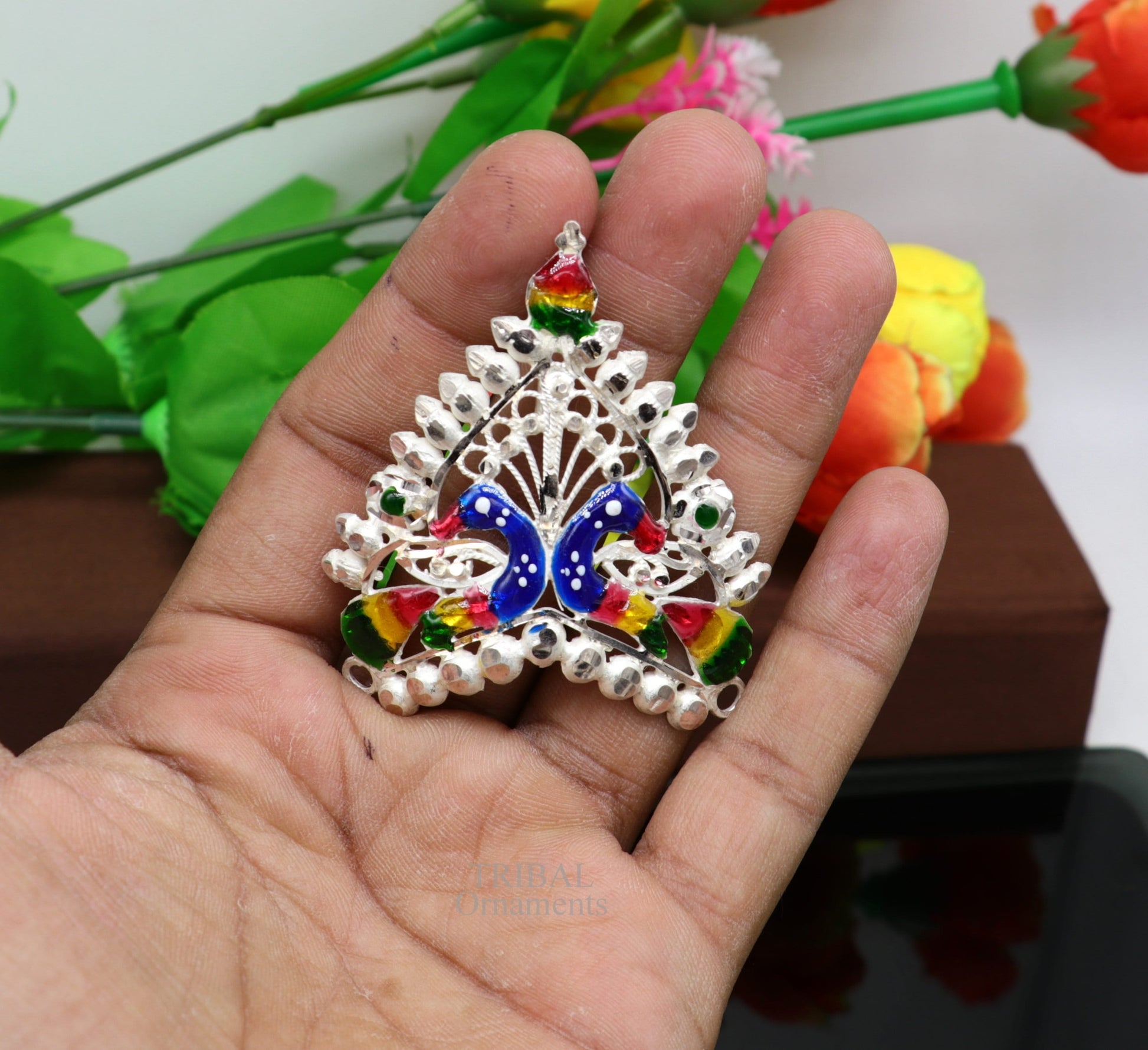 Baby krishna crown or mukut fabulous enamel peacock design 925 silver handmade idol krishna mukut gifting crawling krishna jewelry su721 - TRIBAL ORNAMENTS