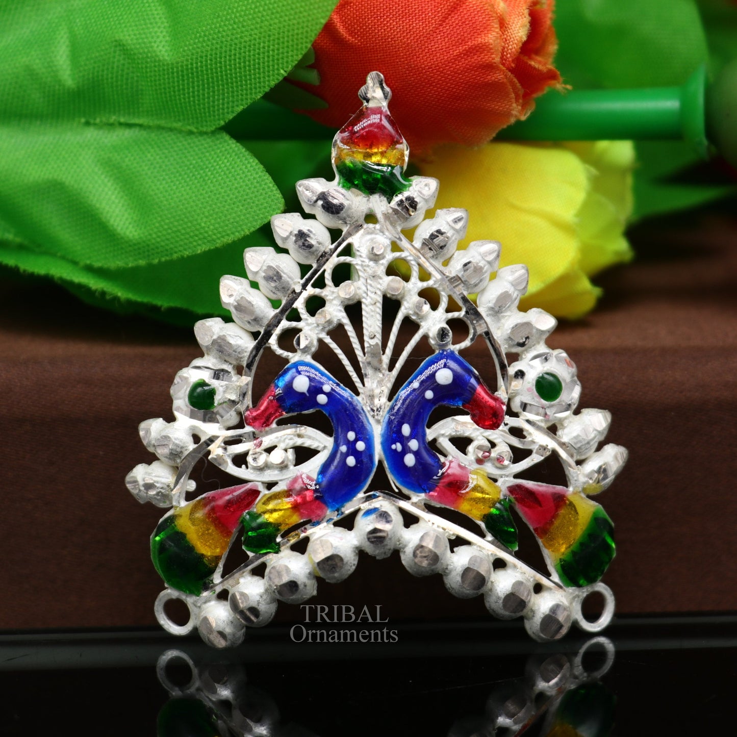 Baby krishna crown or mukut fabulous enamel peacock design 925 silver handmade idol krishna mukut gifting crawling krishna jewelry su721 - TRIBAL ORNAMENTS