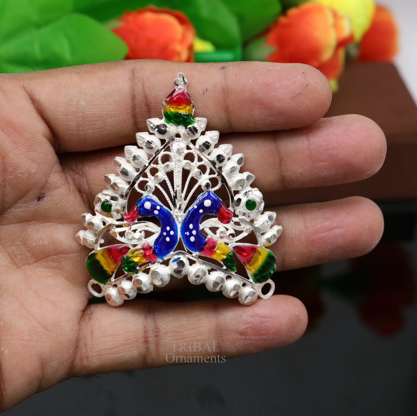 Baby krishna crown or mukut fabulous enamel peacock design 925 silver handmade idol krishna mukut gifting crawling krishna jewelry su721 - TRIBAL ORNAMENTS