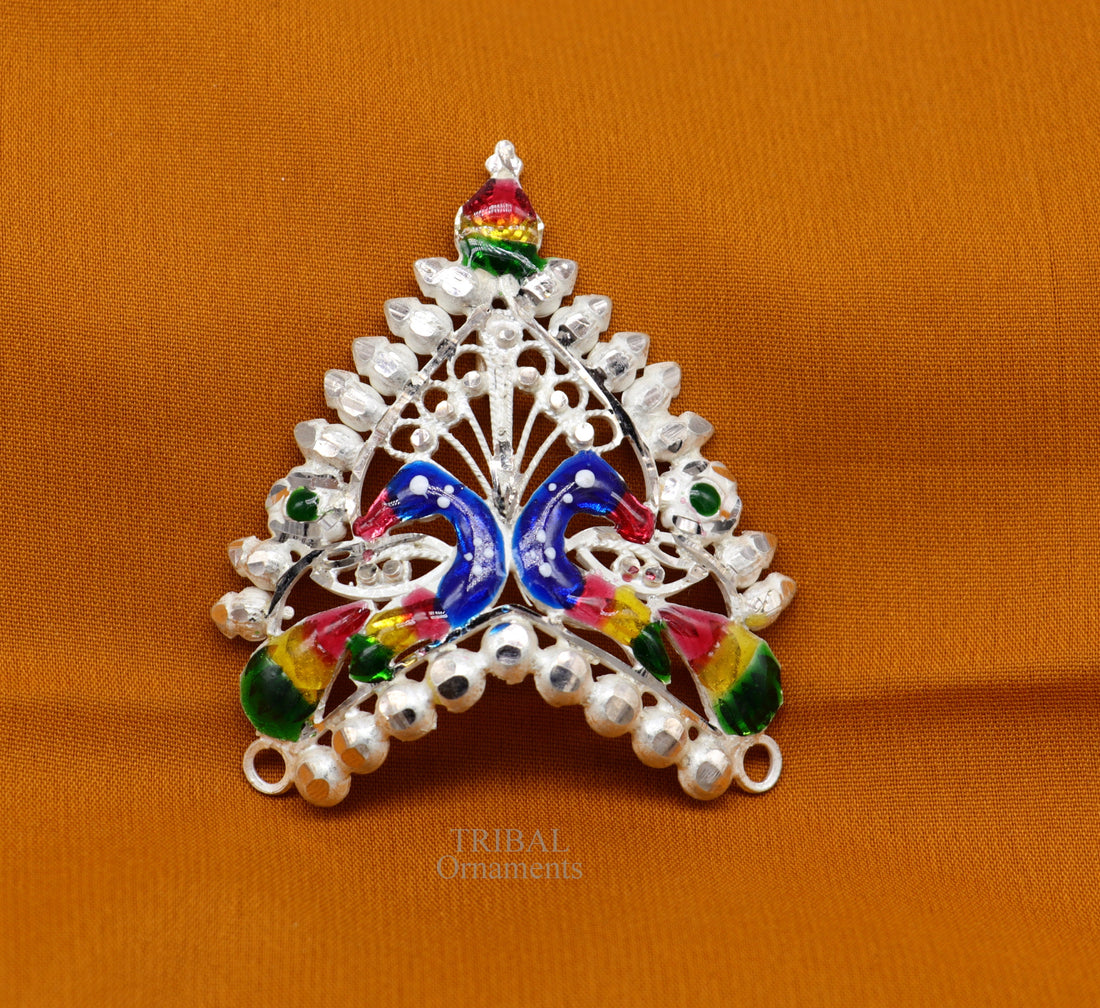 Baby krishna crown or mukut fabulous enamel peacock design 925 silver handmade idol krishna mukut gifting crawling krishna jewelry su721 - TRIBAL ORNAMENTS