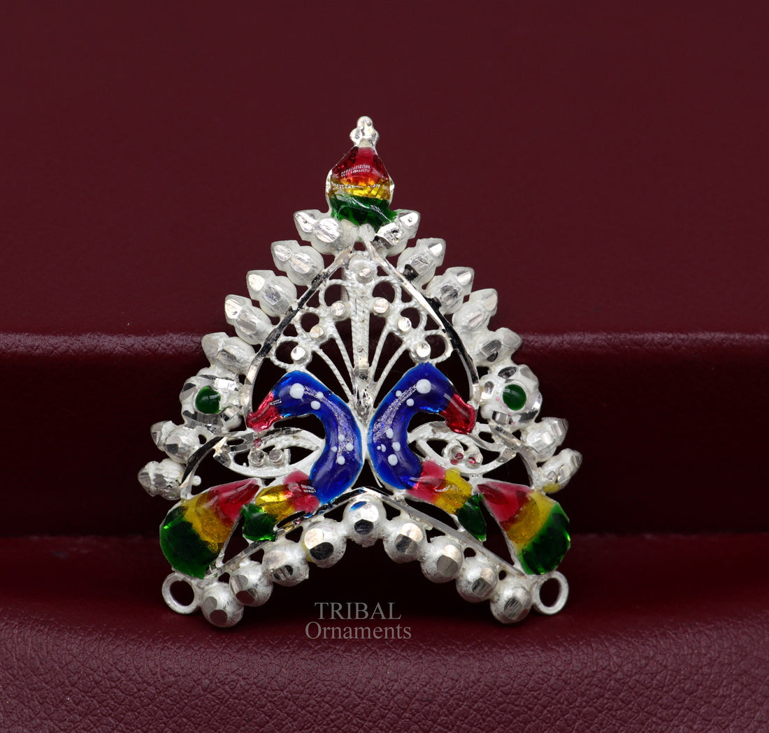 Baby krishna crown or mukut fabulous enamel peacock design 925 silver handmade idol krishna mukut gifting crawling krishna jewelry su721 - TRIBAL ORNAMENTS