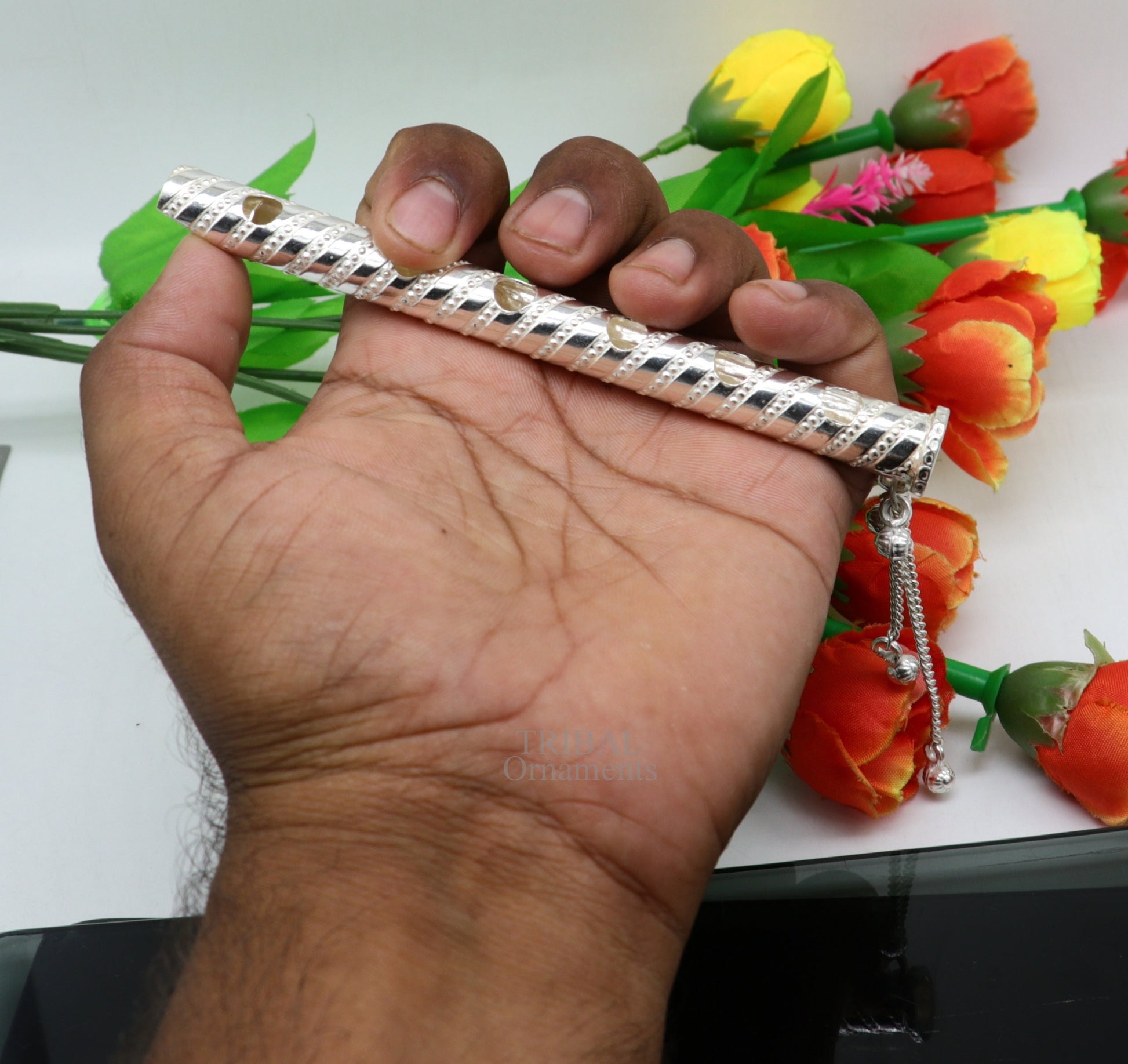 5" long handmade sterling silver Hindu god Lord Krishna flute, stunning divine Krishna gifting silver accessories, puja utensils su724 - TRIBAL ORNAMENTS
