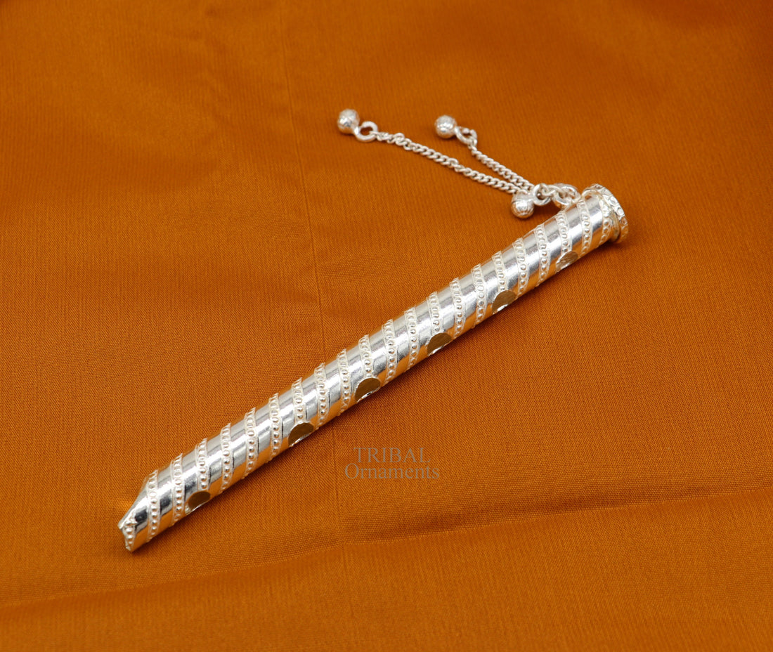 5" long handmade sterling silver Hindu god Lord Krishna flute, stunning divine Krishna gifting silver accessories, puja utensils su724 - TRIBAL ORNAMENTS