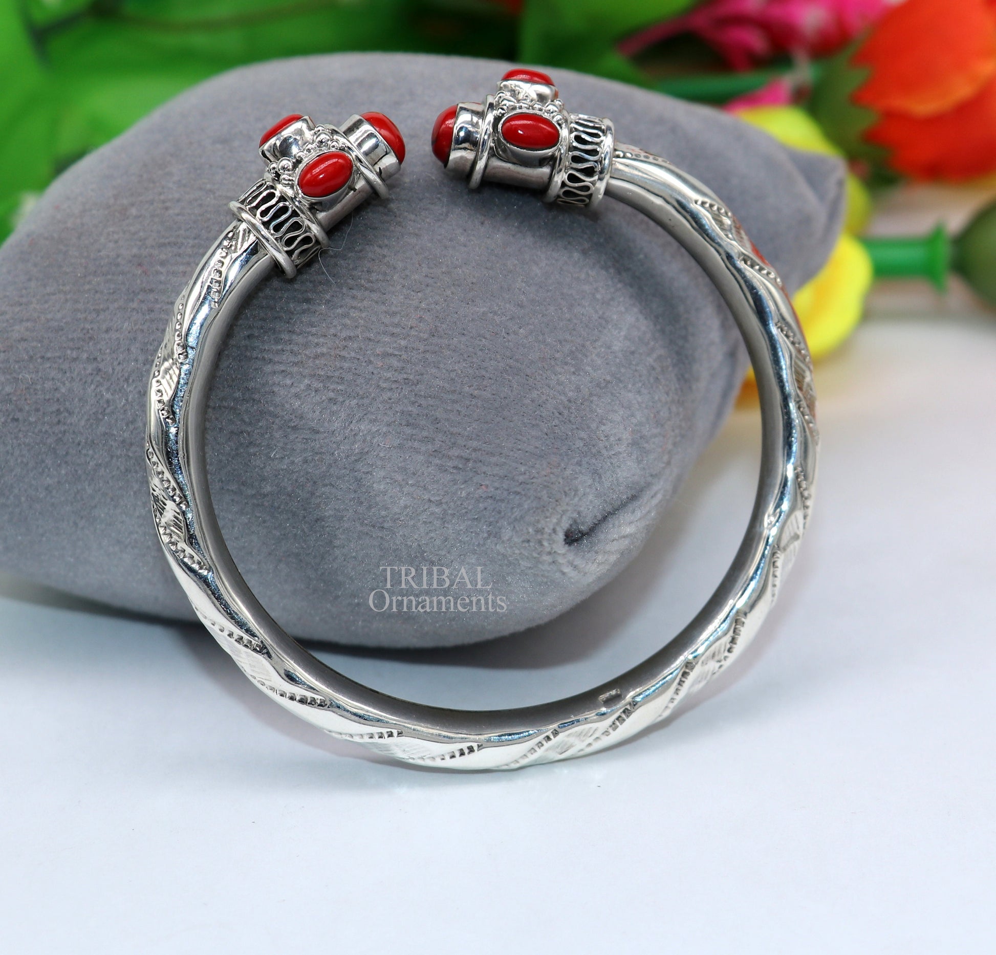 Designer 925 sterling silver handmade gorgeous red stone antique design bangle bracelet kada, fabulous wrist jewelry tribal jewelry nsk103 - TRIBAL ORNAMENTS