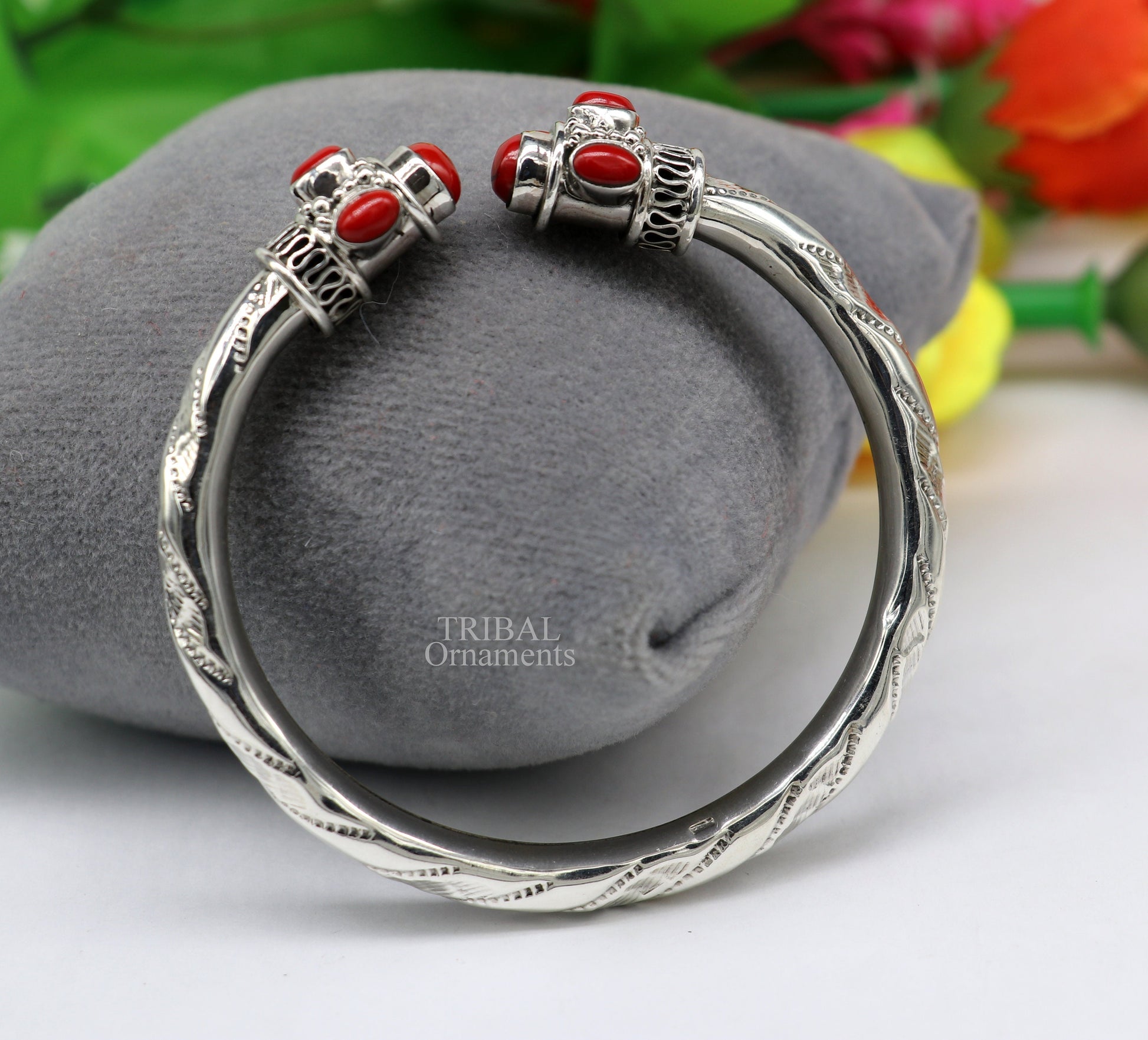 Designer 925 sterling silver handmade gorgeous red stone antique design bangle bracelet kada, fabulous wrist jewelry tribal jewelry nsk103 - TRIBAL ORNAMENTS