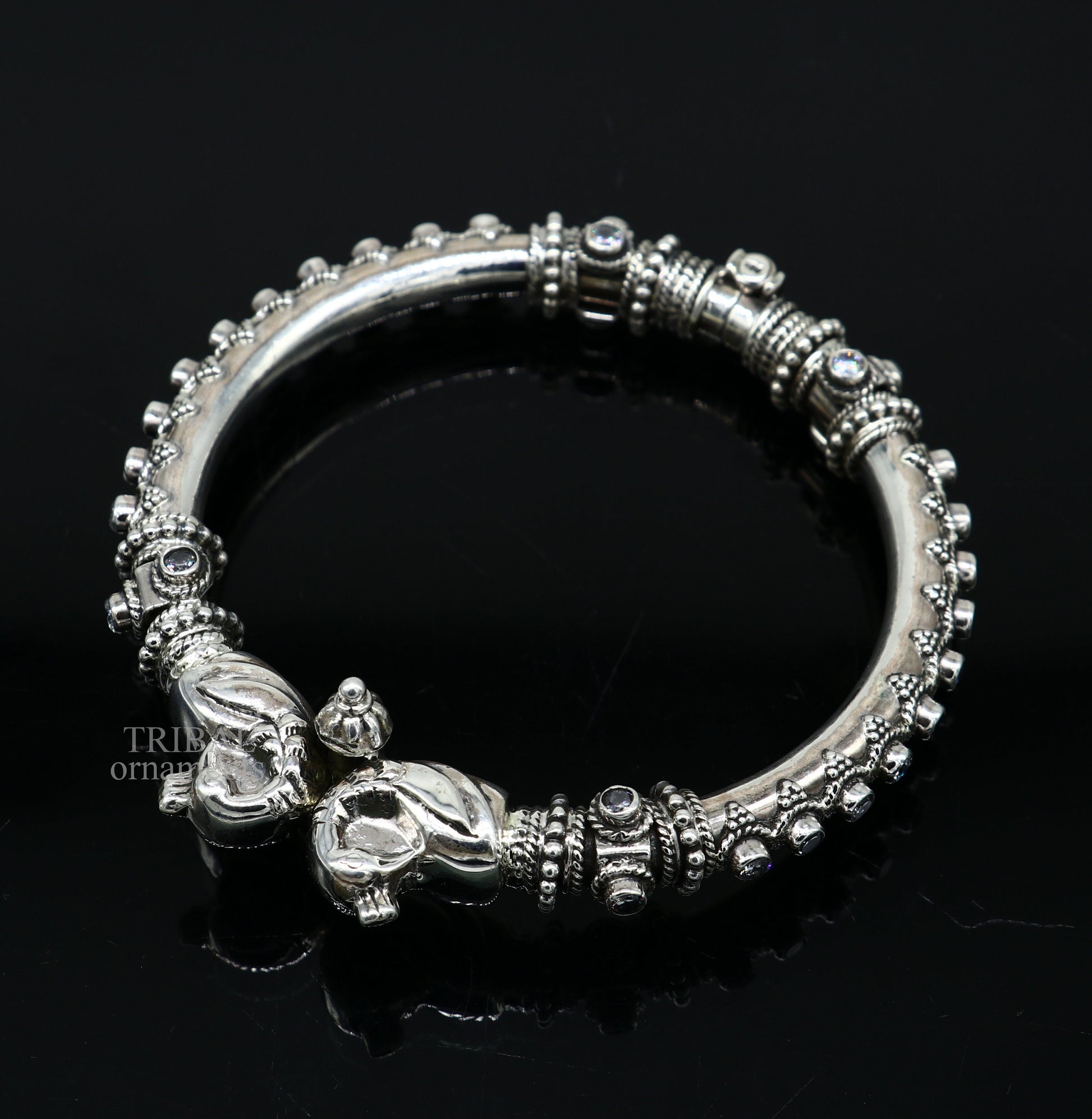 925 Sterling silver handmade vintage peacock design cubic zircon stone tribal ethnic belly dance bangle bracelet gifting kada Rnsk480 - TRIBAL ORNAMENTS