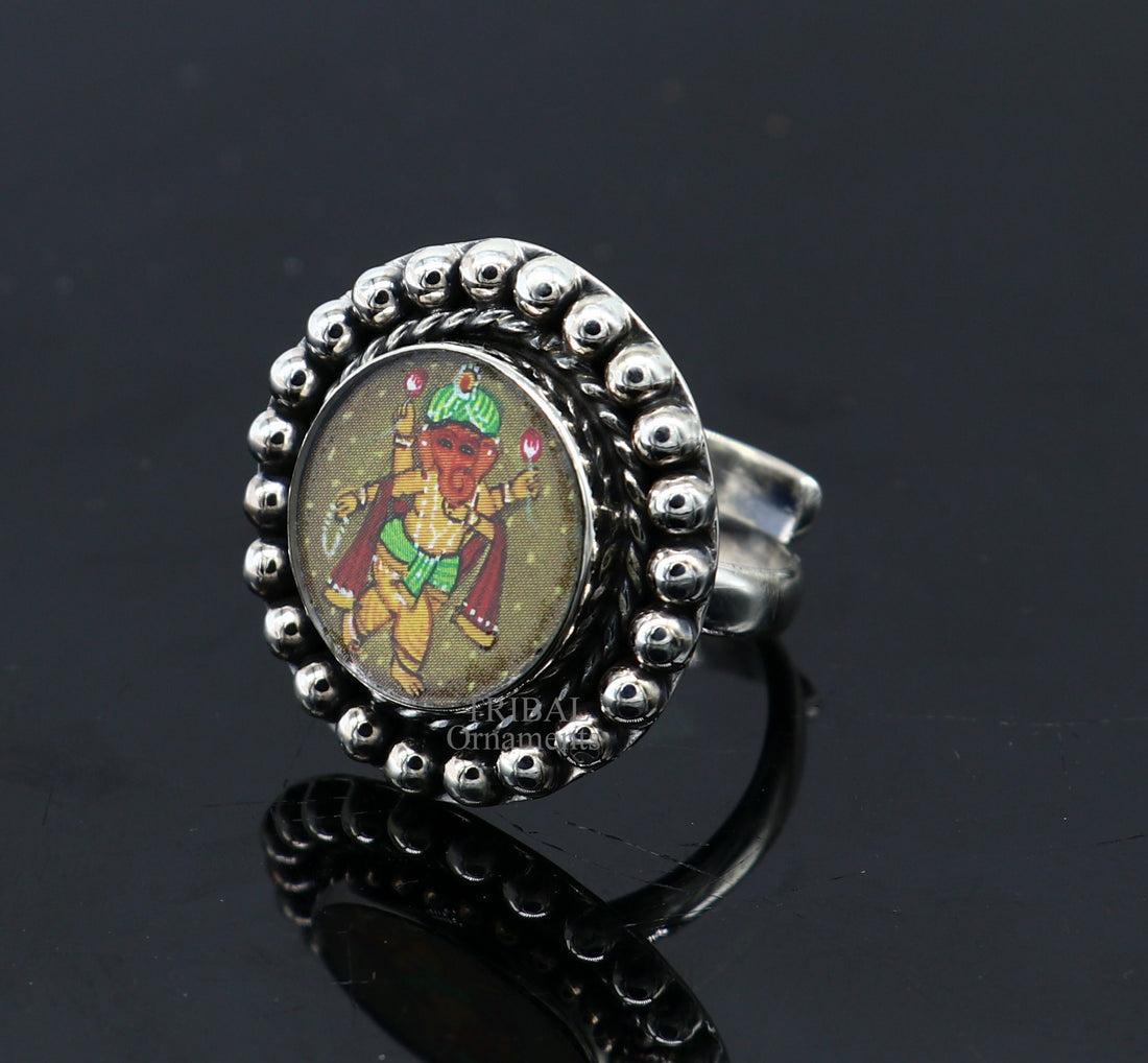 925 sterling silver adjustable ring band with fabulous lord ganesha miniature art painting ring Stylish ethnic party jewelry RRing530 - TRIBAL ORNAMENTS