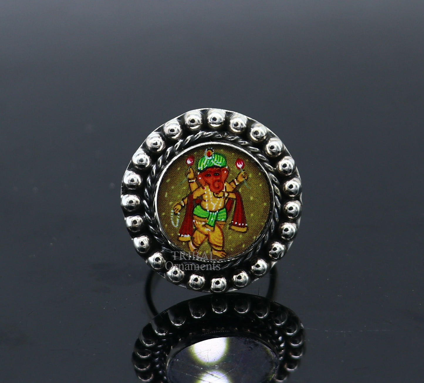 925 sterling silver adjustable ring band with fabulous lord ganesha miniature art painting ring Stylish ethnic party jewelry RRing530 - TRIBAL ORNAMENTS