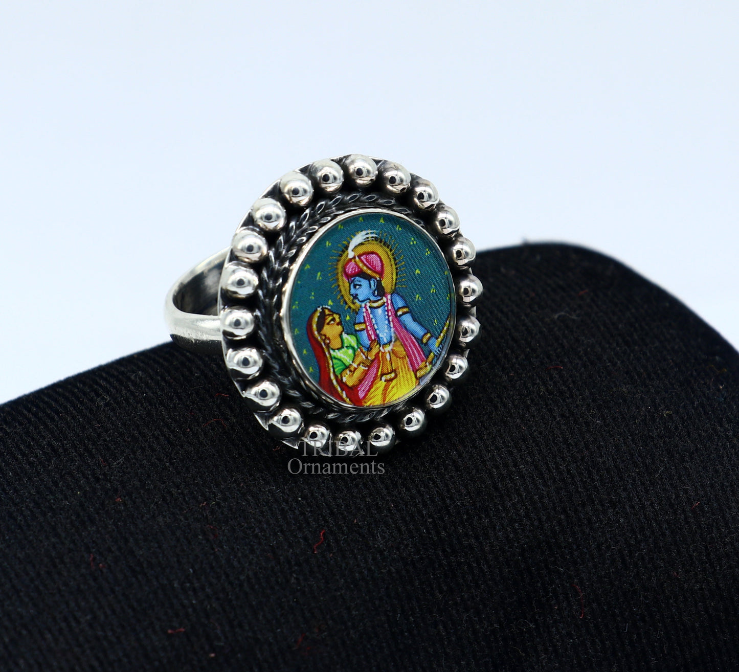 925 sterling silver adjustable ring band fabulous lord Krishna with Radha miniature art painting ring Stylish ethnic party jewelry RRing527 - TRIBAL ORNAMENTS