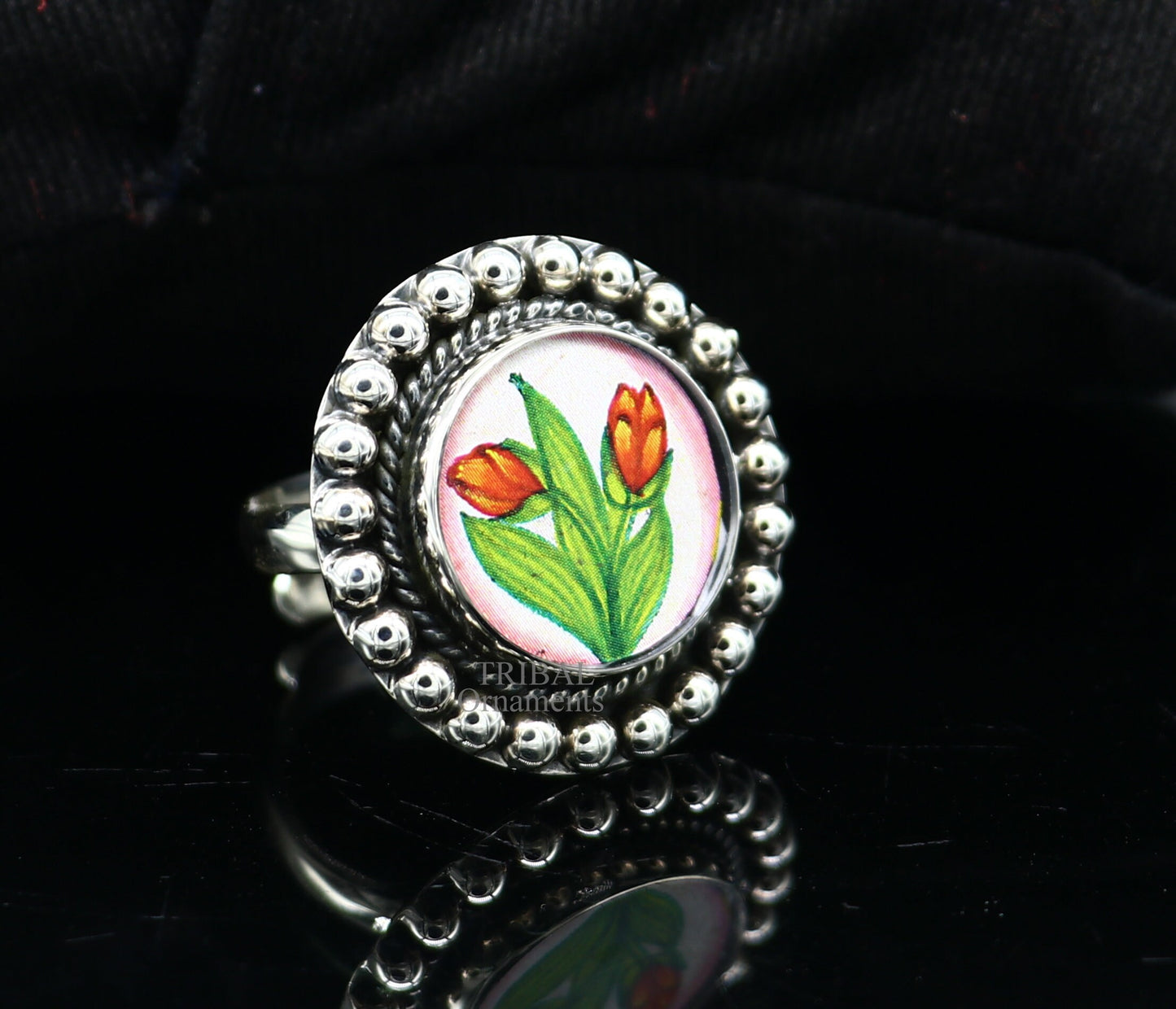 925 sterling silver adjustable ring band fabulous flower design miniature art painting ring Stylish ethnic party jewelry RRing533 - TRIBAL ORNAMENTS