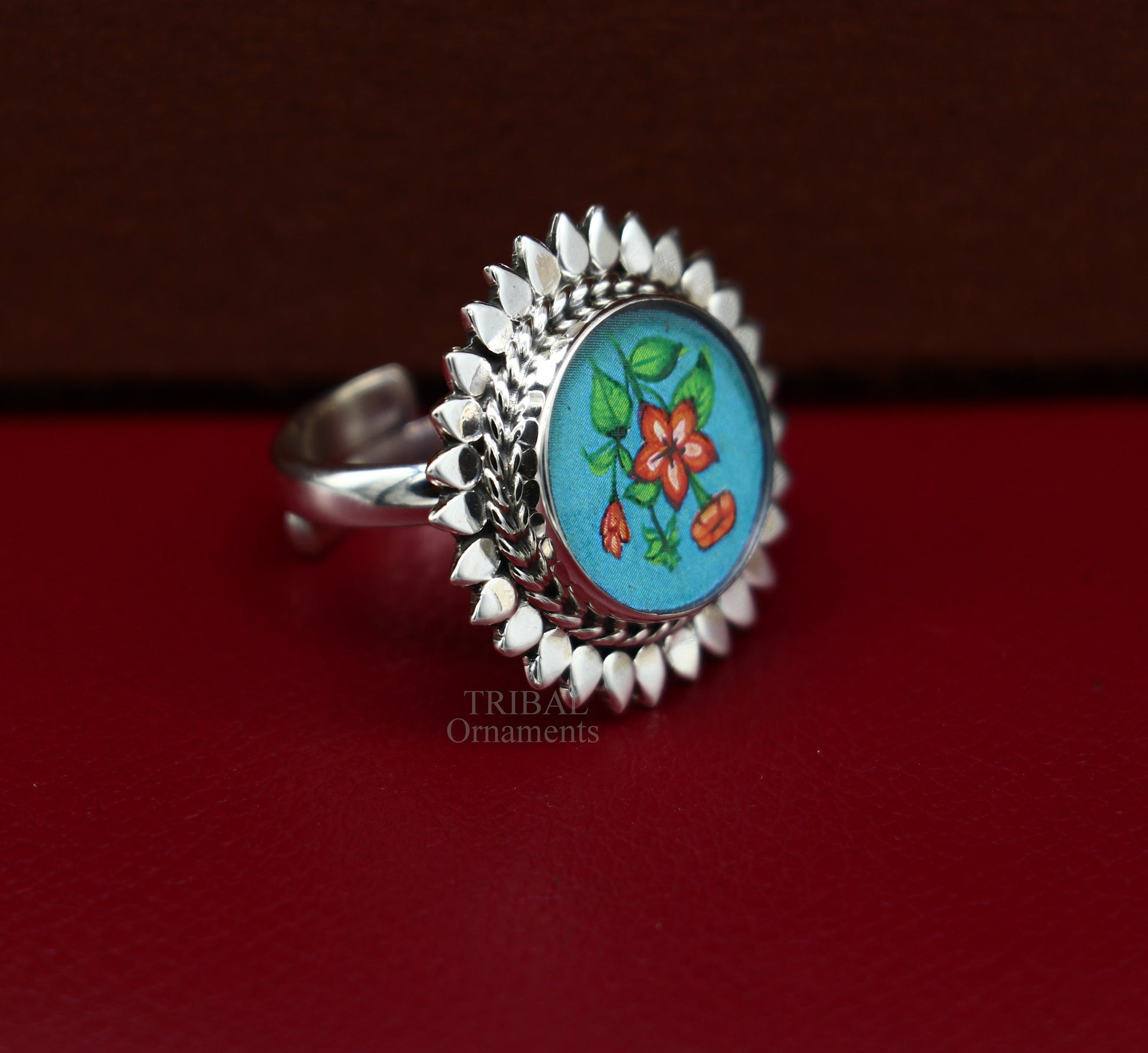 925 sterling silver adjustable ring band fabulous flower design miniature art painting ring Stylish ethnic party jewelry RRing509 - TRIBAL ORNAMENTS