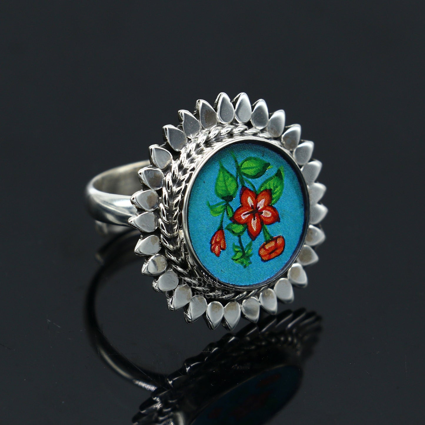 925 sterling silver adjustable ring band fabulous flower design miniature art painting ring Stylish ethnic party jewelry RRing509 - TRIBAL ORNAMENTS