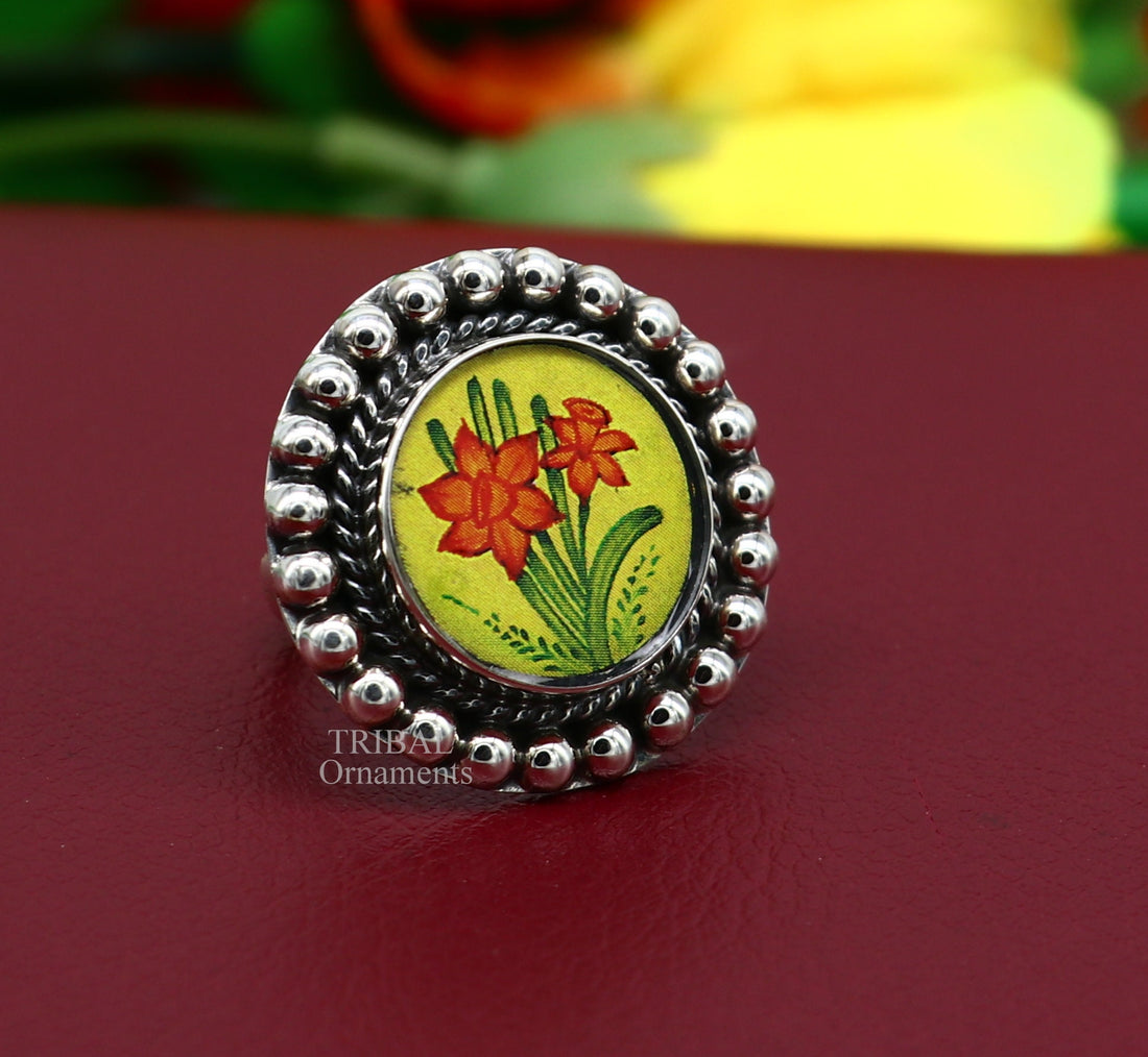 925 sterling silver adjustable ring band fabulous flower design miniature art painting ring Stylish ethnic party jewelry RRing525 - TRIBAL ORNAMENTS