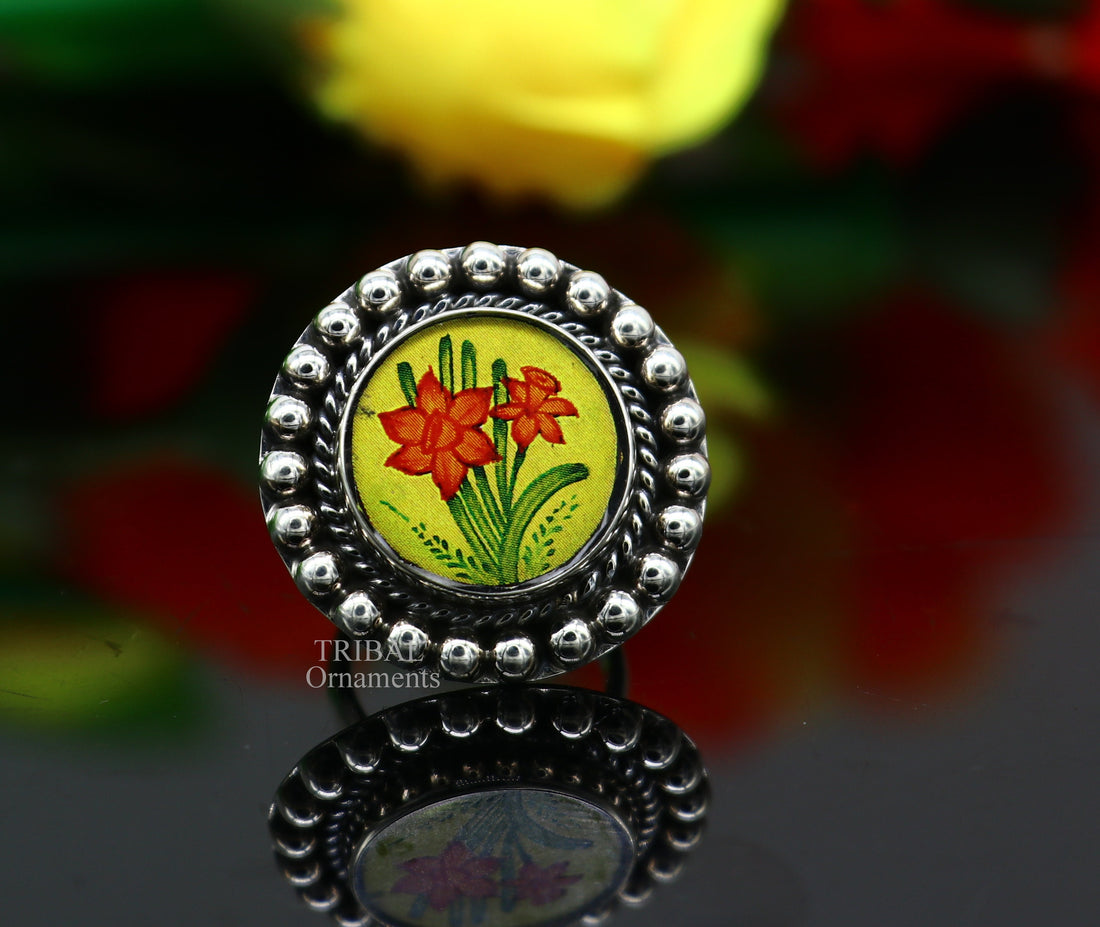 925 sterling silver adjustable ring band fabulous flower design miniature art painting ring Stylish ethnic party jewelry RRing525 - TRIBAL ORNAMENTS