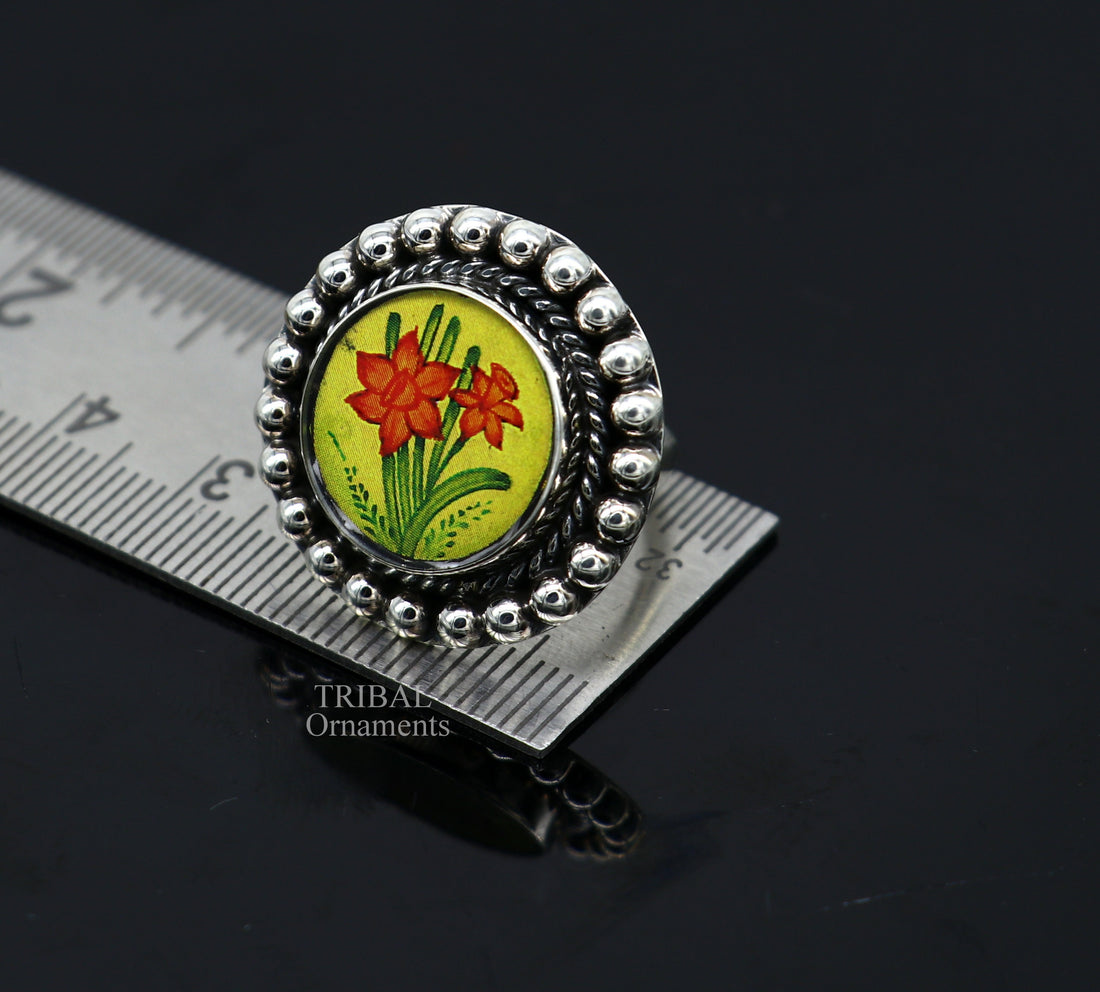 925 sterling silver adjustable ring band fabulous flower design miniature art painting ring Stylish ethnic party jewelry RRing525 - TRIBAL ORNAMENTS