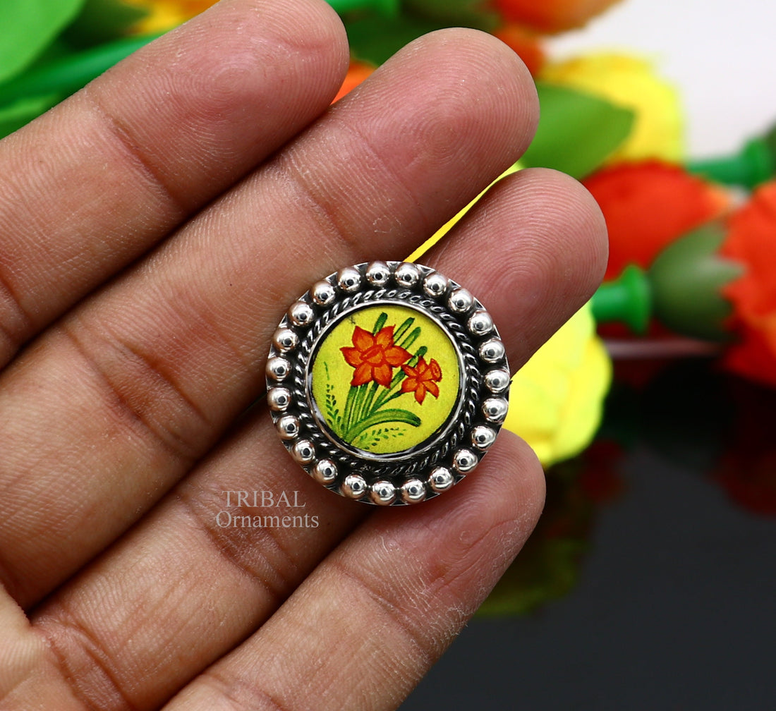 925 sterling silver adjustable ring band fabulous flower design miniature art painting ring Stylish ethnic party jewelry RRing525 - TRIBAL ORNAMENTS