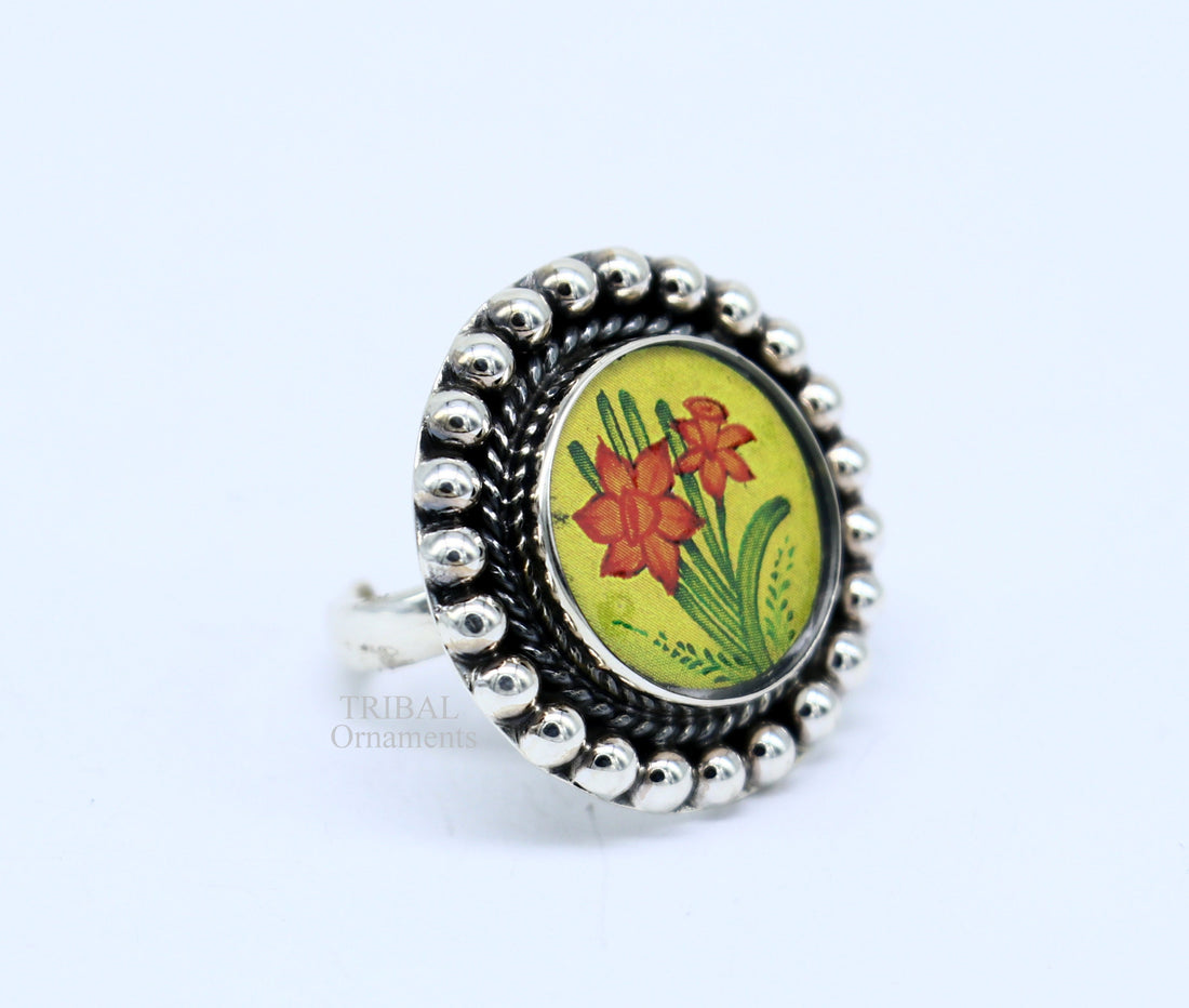 925 sterling silver adjustable ring band fabulous flower design miniature art painting ring Stylish ethnic party jewelry RRing525 - TRIBAL ORNAMENTS