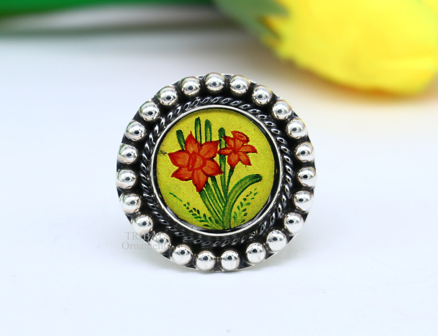 925 sterling silver adjustable ring band fabulous flower design miniature art painting ring Stylish ethnic party jewelry RRing525 - TRIBAL ORNAMENTS