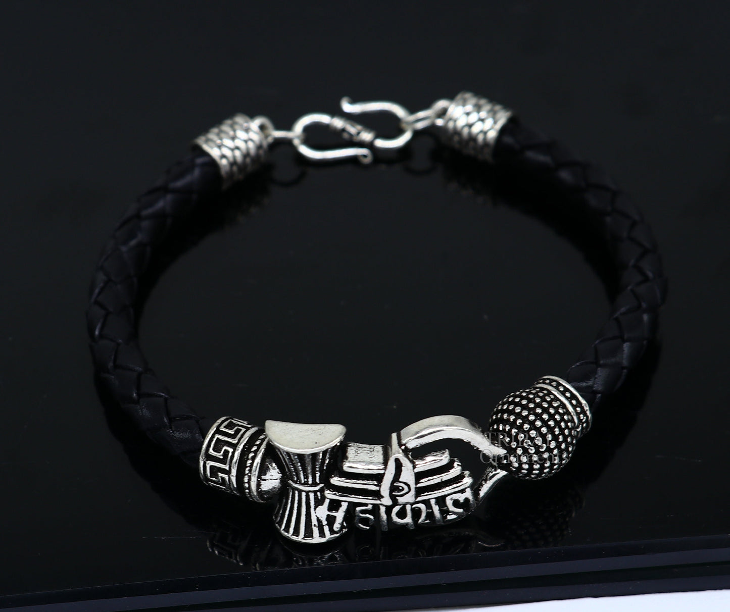 9" long 925 sterling silver customized design lord Shiva Mahakal bracelet, leather belt trident shiva bracelet best gift for him Rnsbr584 - TRIBAL ORNAMENTS