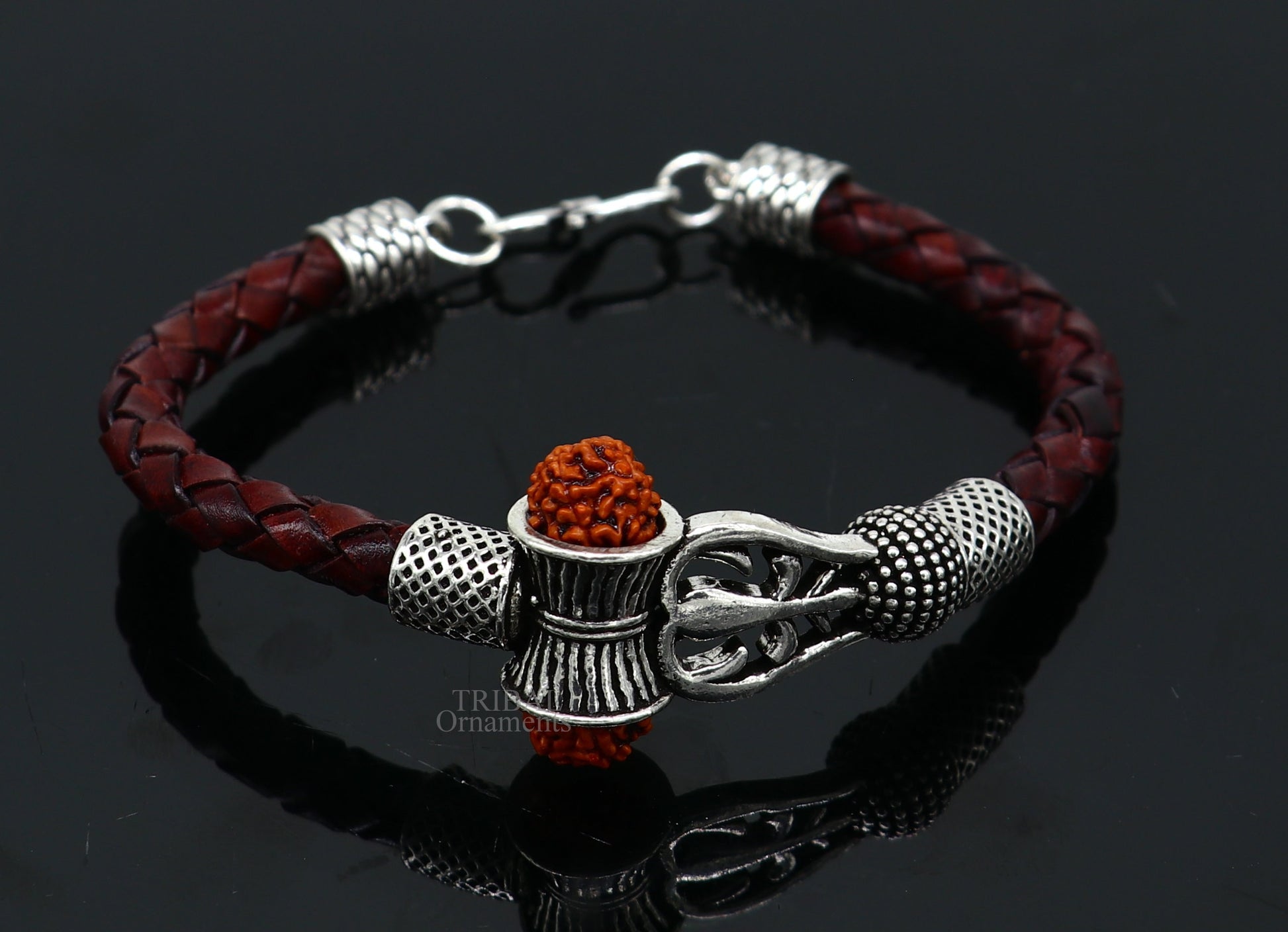 925 sterling silver customized trident design lord Shiva rudraksha bracelet, leather belt trident shiva bracelet best gift for him Rnsbr593 - TRIBAL ORNAMENTS