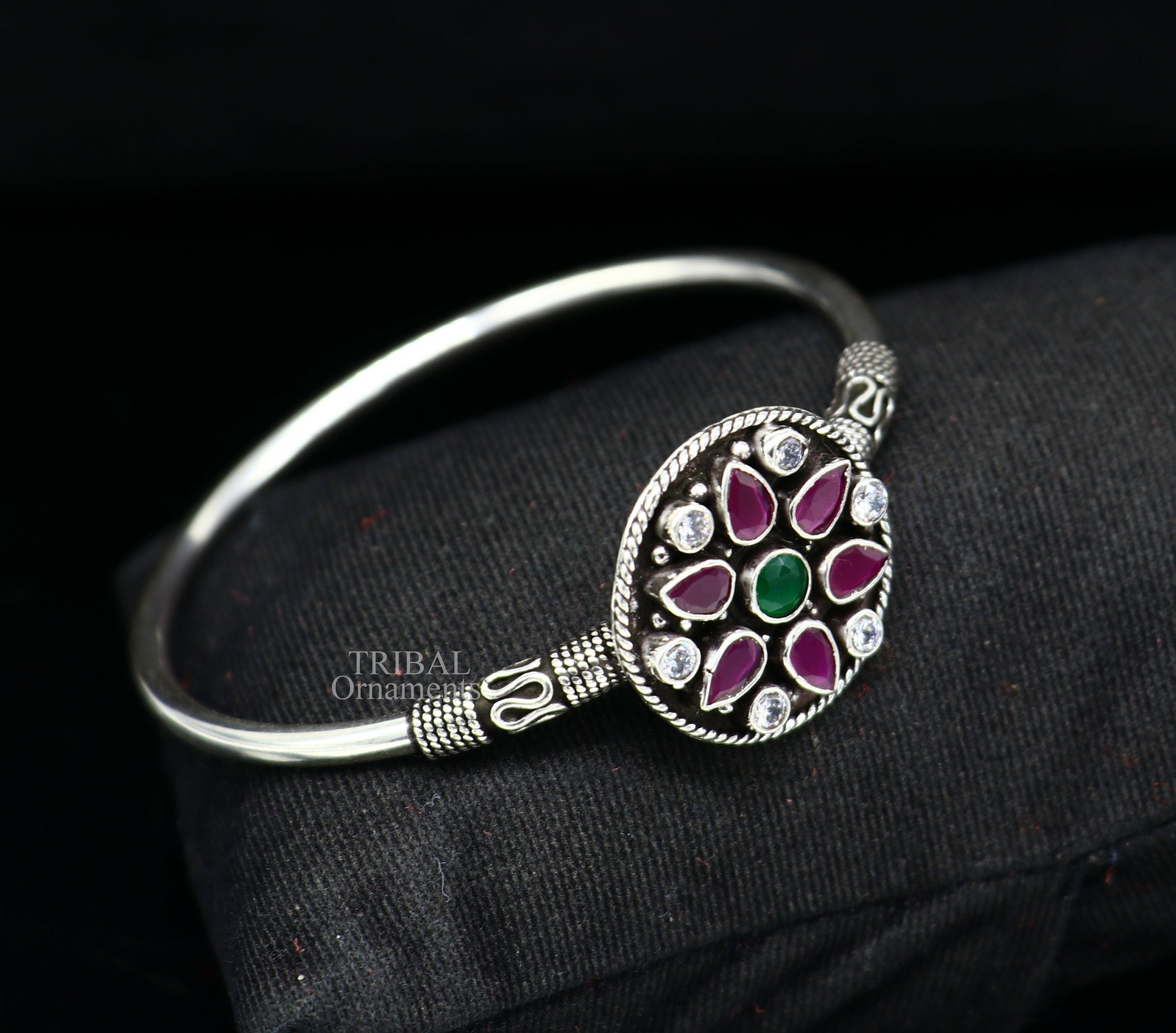 925 sterling silver fabulous red and green cut stone handmade bangle bracelet cuff kada customized personalized women's jewelry hnssk719 - TRIBAL ORNAMENTS
