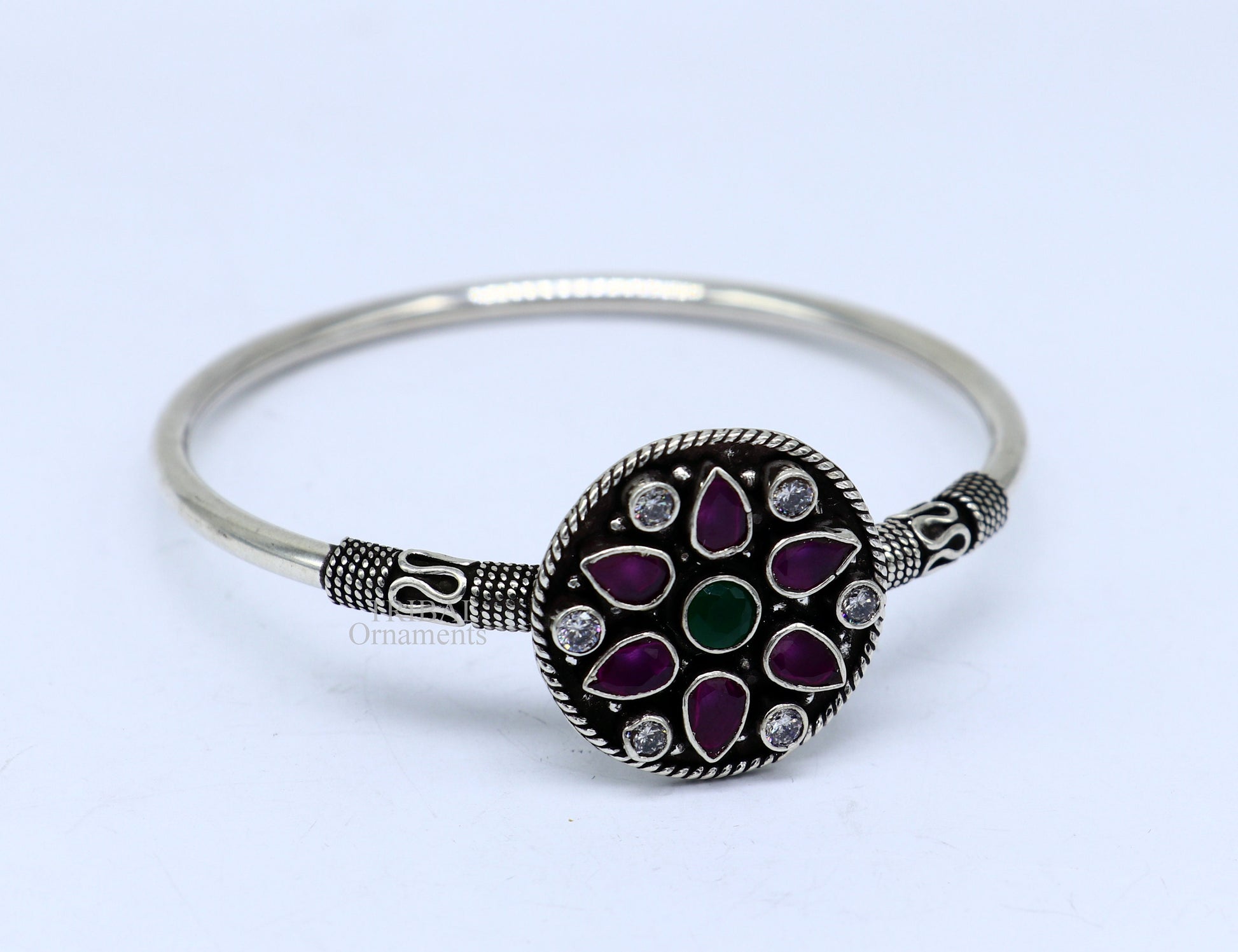 925 sterling silver fabulous red and green cut stone handmade bangle bracelet cuff kada customized personalized women's jewelry hnssk719 - TRIBAL ORNAMENTS