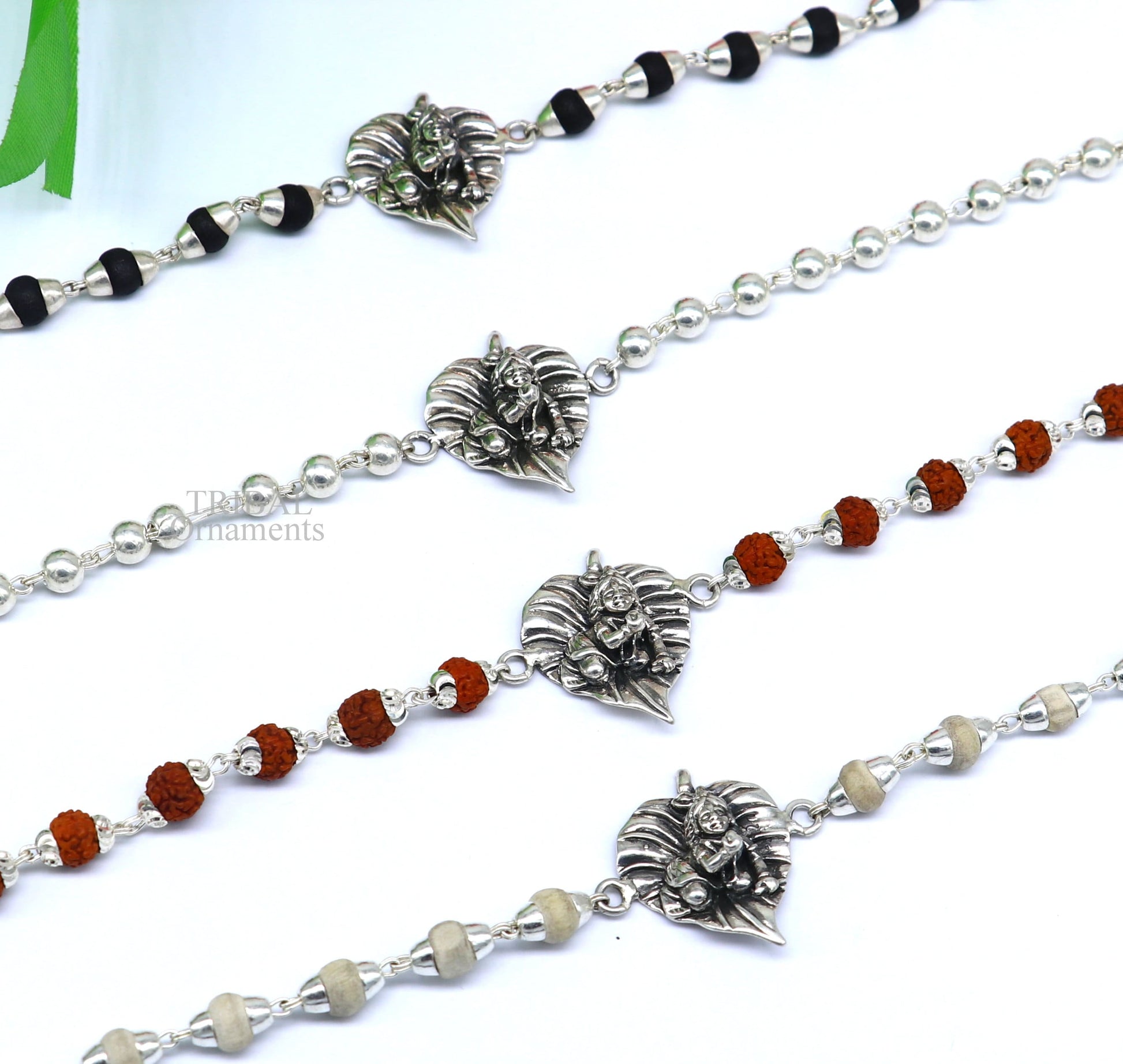 925 sterling silver handmade little krishna laddu gopala Designt rakhi bracelet, with amazing rudraksha,Tulsi beaded bracelet rk181 - TRIBAL ORNAMENTS