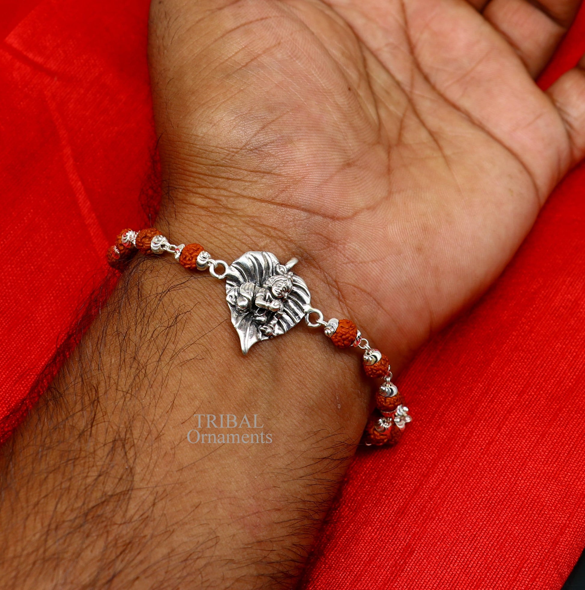 925 sterling silver handmade little krishna laddu gopala Designt rakhi bracelet, with amazing rudraksha,Tulsi beaded bracelet rk181 - TRIBAL ORNAMENTS