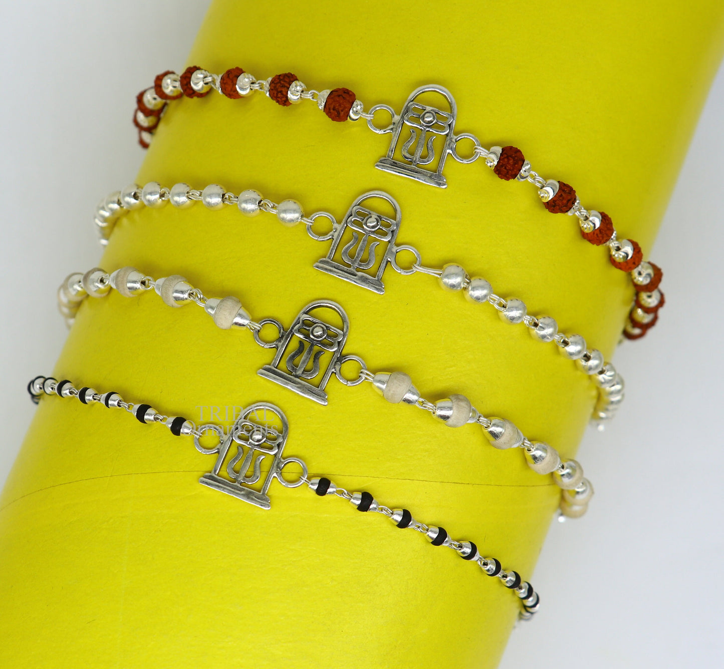 Best Rakhi 925 sterling silver handmade lord Shiva lingam design Rakhi bracelet, with amazing Rudraksha, Tulsi beaded bracelet rk183 - TRIBAL ORNAMENTS