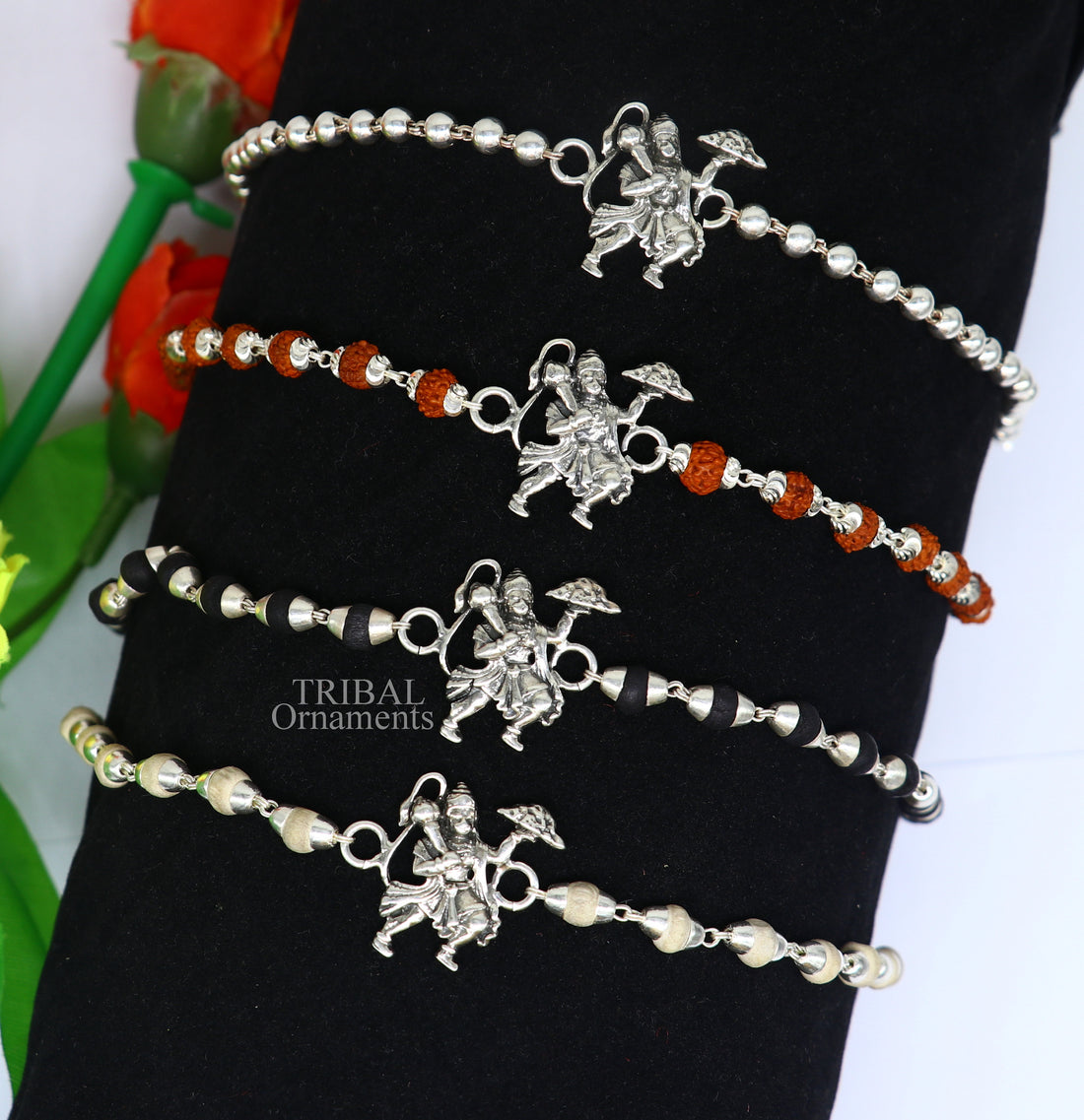 Lord hanuman Rakhi 925 sterling silver handmade lord hanuman Design Rakhi bracelet, amazing Rudraksha, Tulsi beaded bracelet rk184 8 / Black Basil
