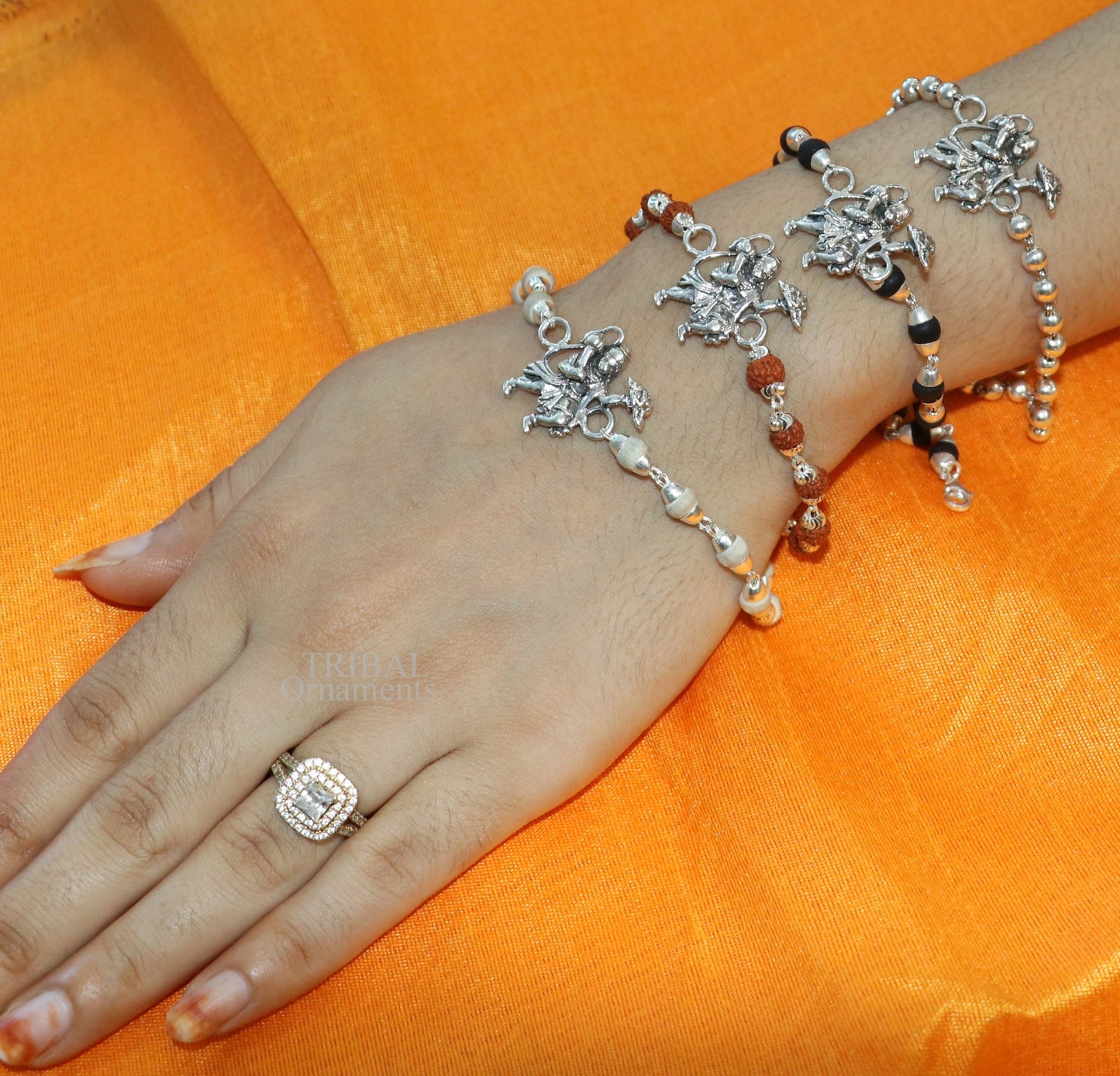 Lord flying hanuman Rakhi 925 sterling silver handmade lord hanuman design Rakhi bracelet, amazing Rudraksha, Tulsi beaded bracelet rk202 - TRIBAL ORNAMENTS