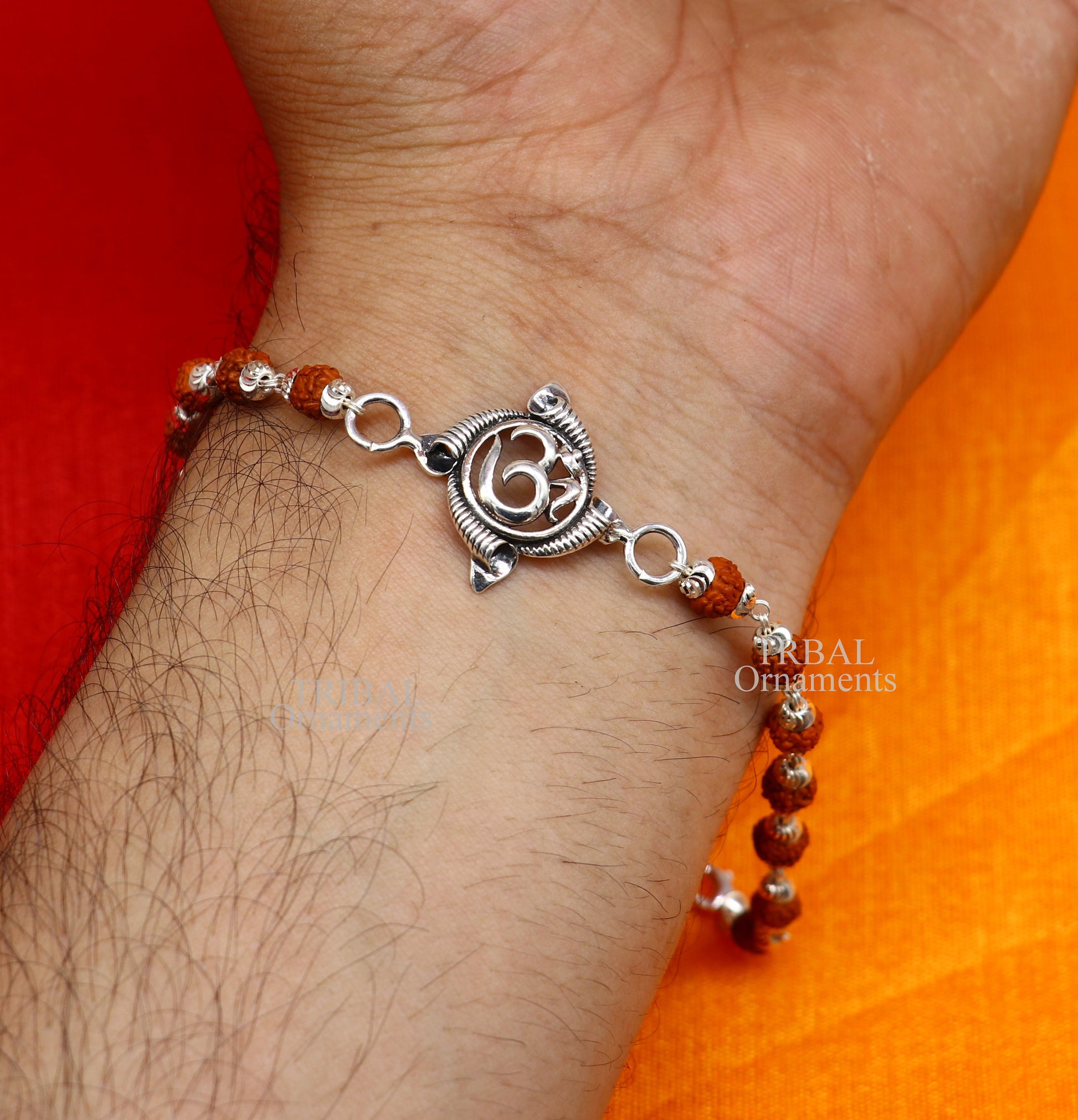 Divine Aum OM Rakhi 925 sterling silver handmade stylish gorgeous Rakhi bracelet, amazing Rudraksha, Tulsi beaded bracelet Rakhi rk186 - TRIBAL ORNAMENTS