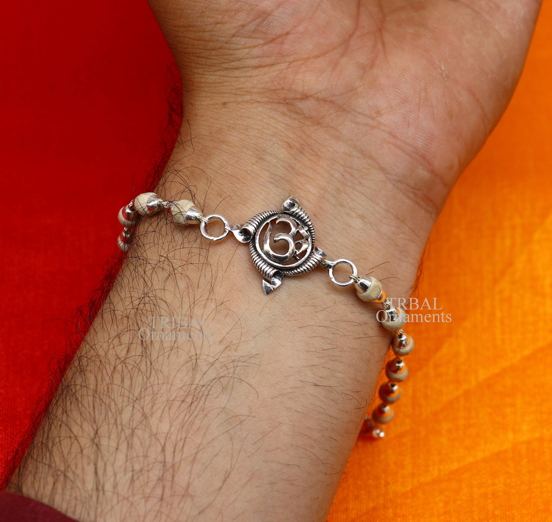 Divine Aum OM Rakhi 925 sterling silver handmade stylish gorgeous Rakhi bracelet, amazing Rudraksha, Tulsi beaded bracelet Rakhi rk186 - TRIBAL ORNAMENTS