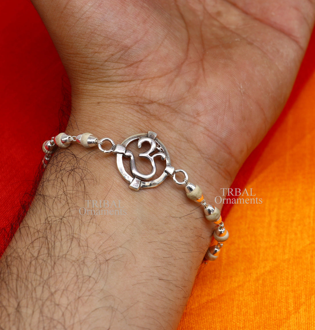 925 sterling silver handmade Mantra Aum OM design Rakhi bracelet amazing Rudraksha or Tulsi beaded bracelet, use as daily use jewelry rk187 - TRIBAL ORNAMENTS