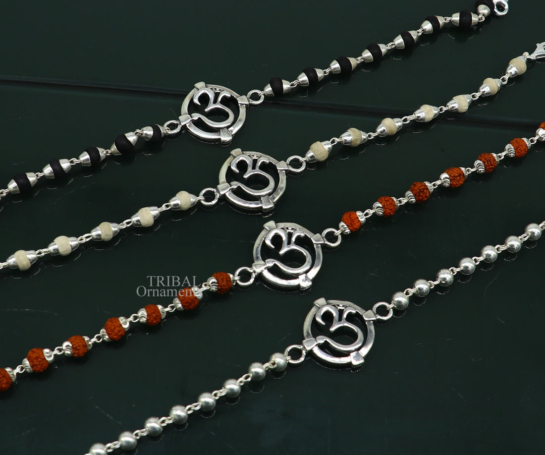 925 sterling silver handmade Mantra Aum OM design Rakhi bracelet amazing Rudraksha or Tulsi beaded bracelet, use as daily use jewelry rk187 - TRIBAL ORNAMENTS