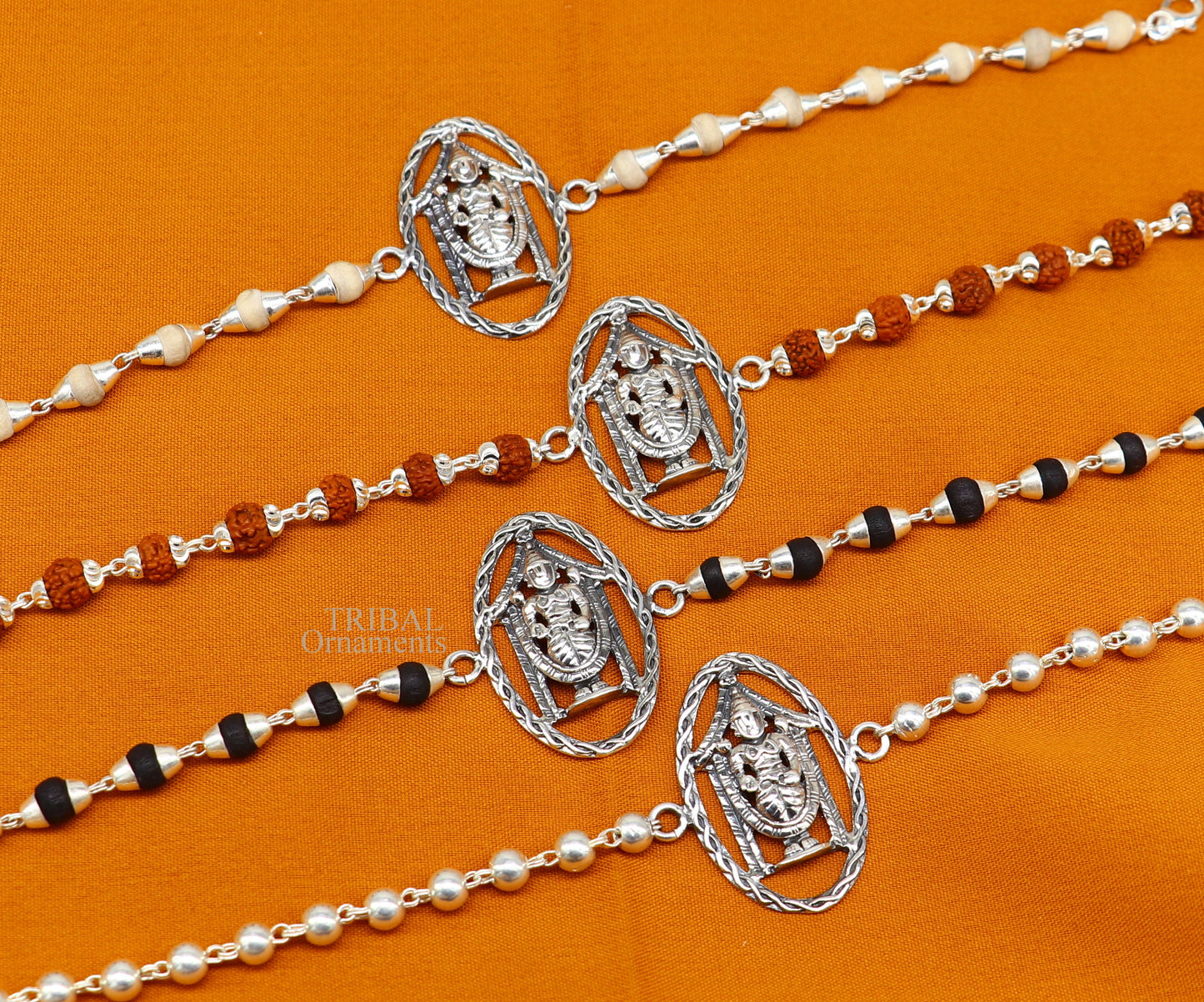 925 sterling silver handmade Lord Krishna on betel leaf Rakhi bracelet amazing Rudraksha or Tulsi beaded bracelet, daily use jewelry rk188 - TRIBAL ORNAMENTS