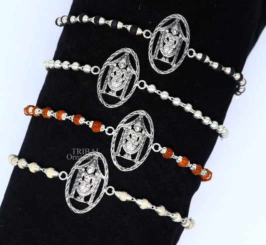 925 sterling silver handmade Lord Krishna on betel leaf Rakhi bracelet amazing Rudraksha or Tulsi beaded bracelet, daily use jewelry rk188 - TRIBAL ORNAMENTS