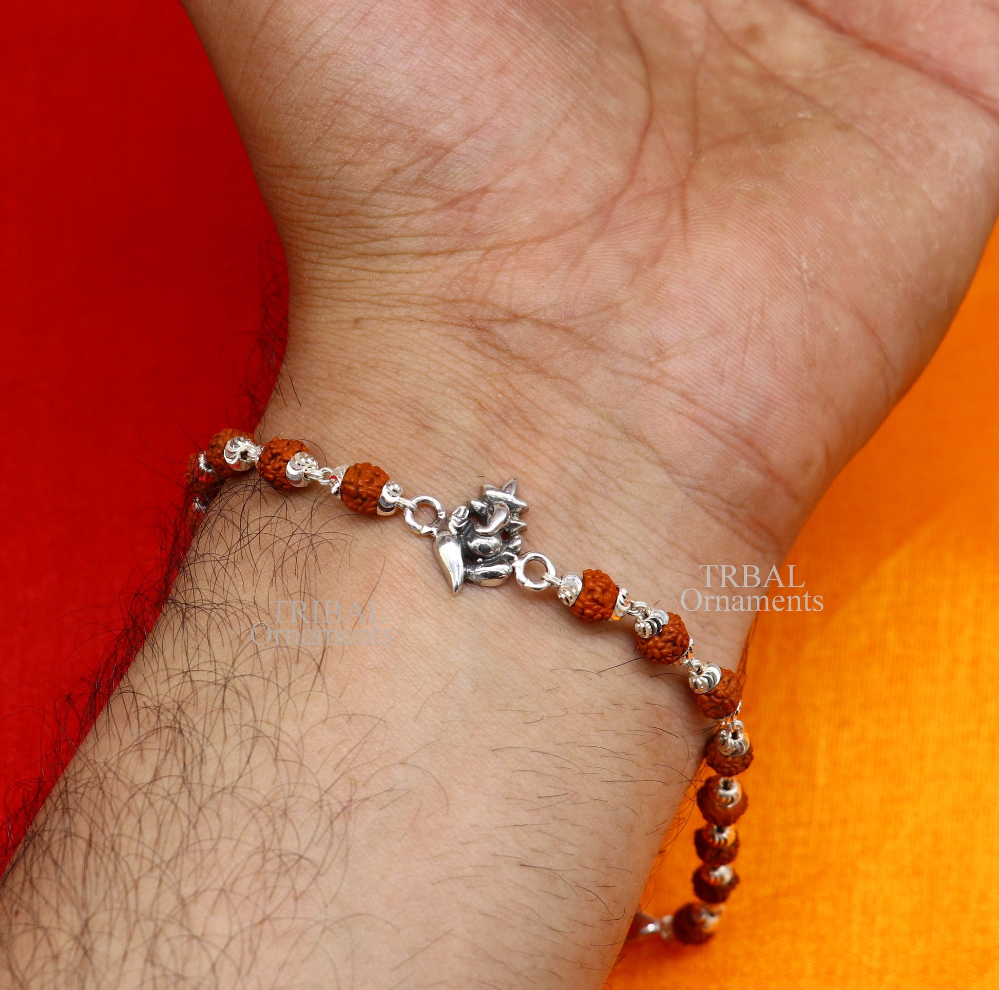 925 sterling silver handmade lord Ganesha design Rakhi bracelet amazing Rudraksha or Tulsi beaded bracelet, use as daily use jewelry rk191 - TRIBAL ORNAMENTS