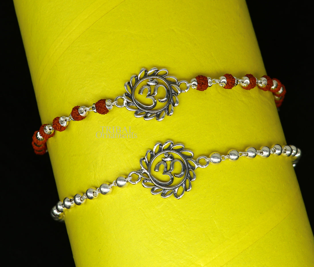 Divine Aum or OM rakhi 925 Sterling silver Rakhi bracelet Rrudrakha and silver beads best gift for your brother's for special gifting rk200 - TRIBAL ORNAMENTS